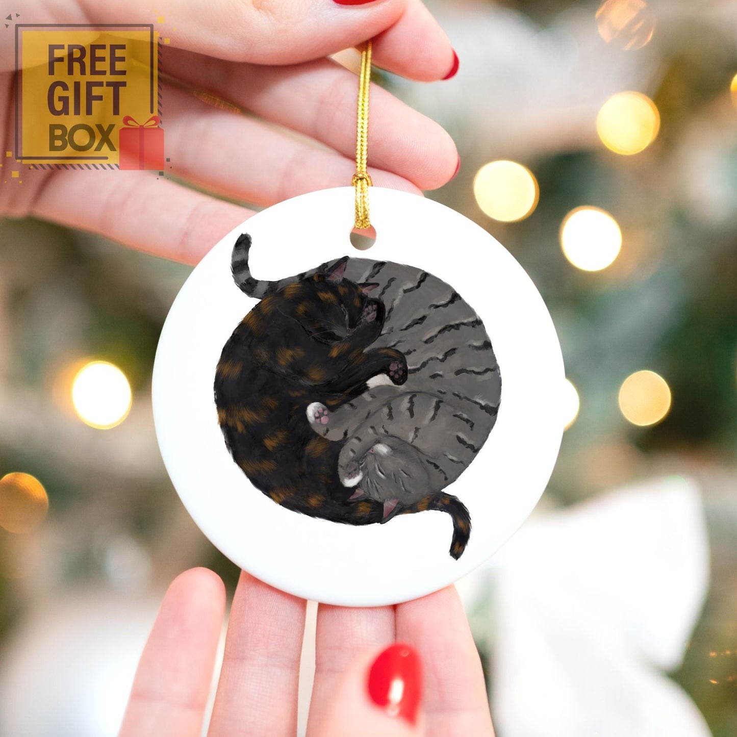 Sleeping Tortoiseshell And Gray Tabby Cats Ceramic Ornament - MerikaArt