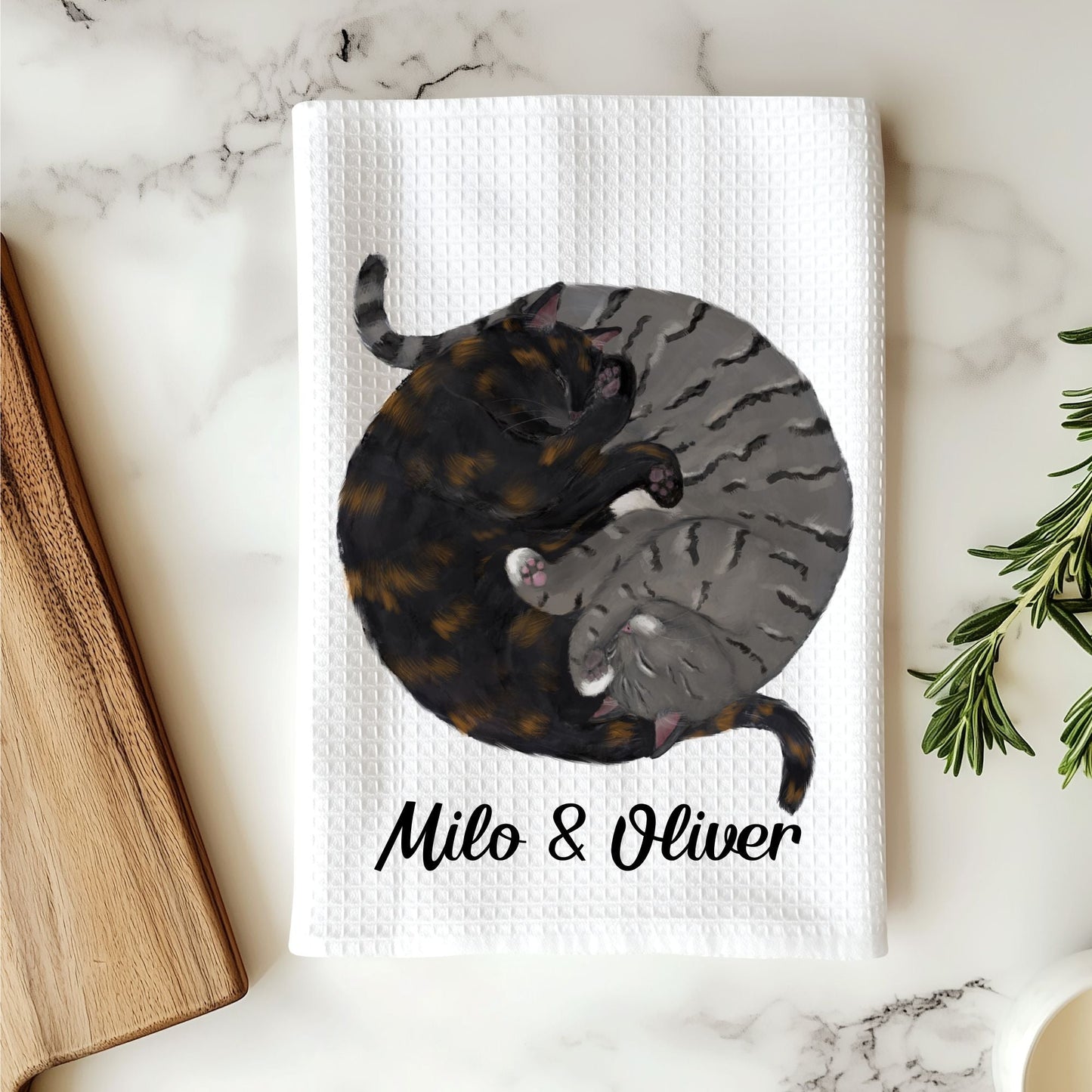 Sleeping Tortoiseshell and Gray Tabby Cats Kitchen Towel - MerikaArt