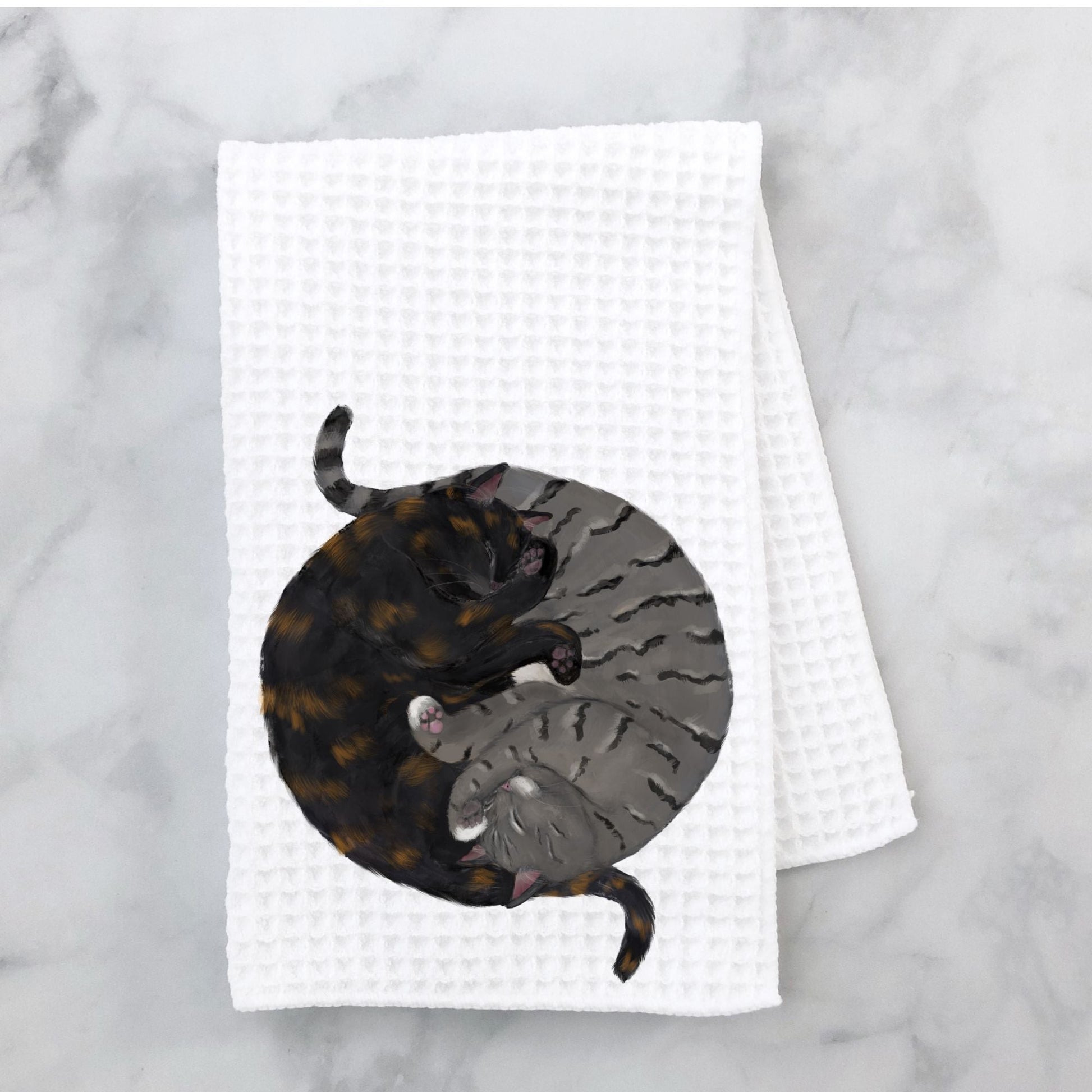 Sleeping Tortoiseshell and Gray Tabby Cats Kitchen Towel - MerikaArt