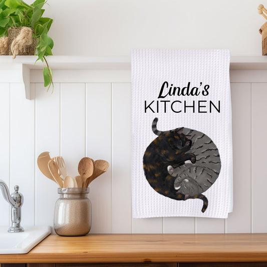 Sleeping Tortoiseshell and Gray Tabby Cats Kitchen Towel - MerikaArt