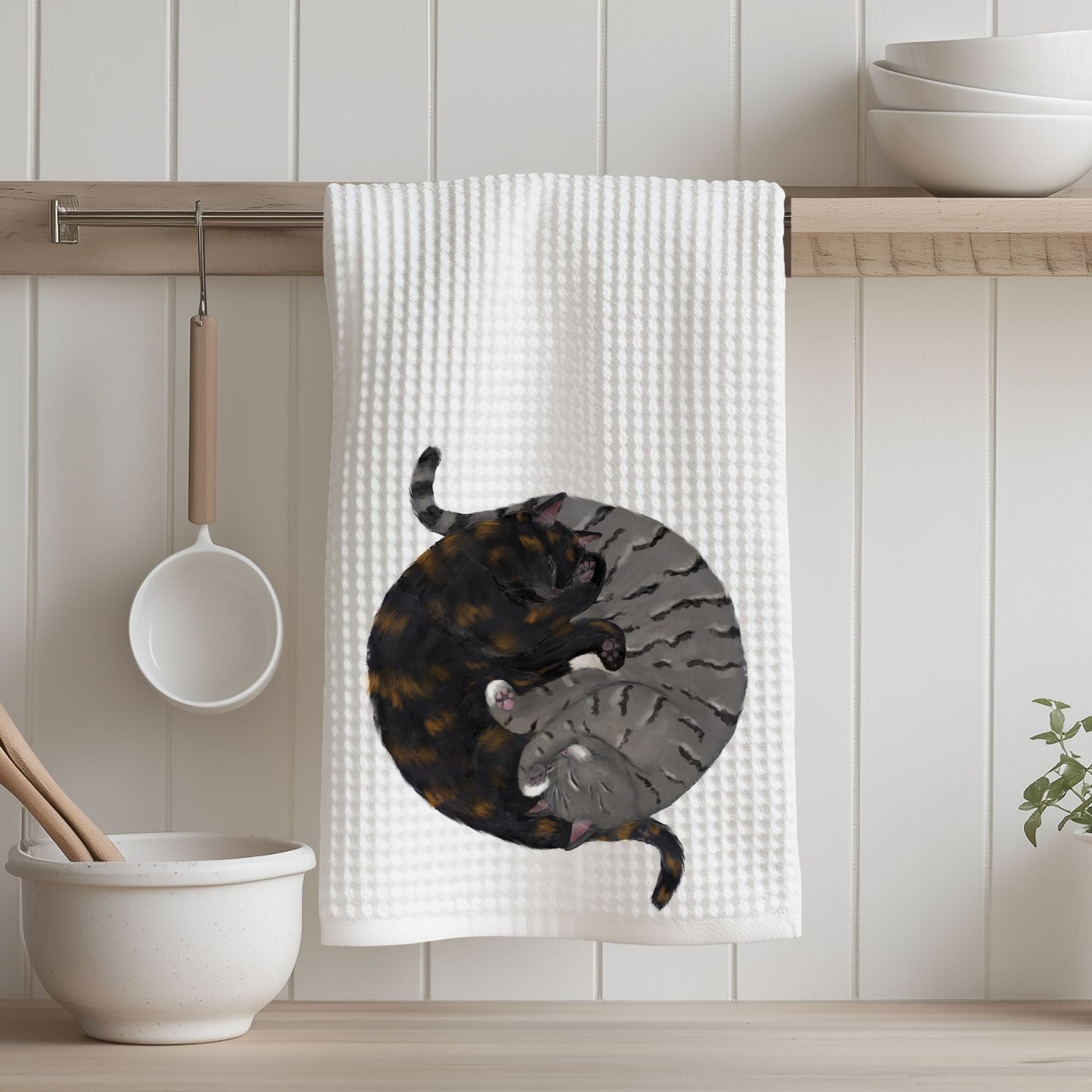 Sleeping Tortoiseshell and Gray Tabby Cats Kitchen Towel - MerikaArt