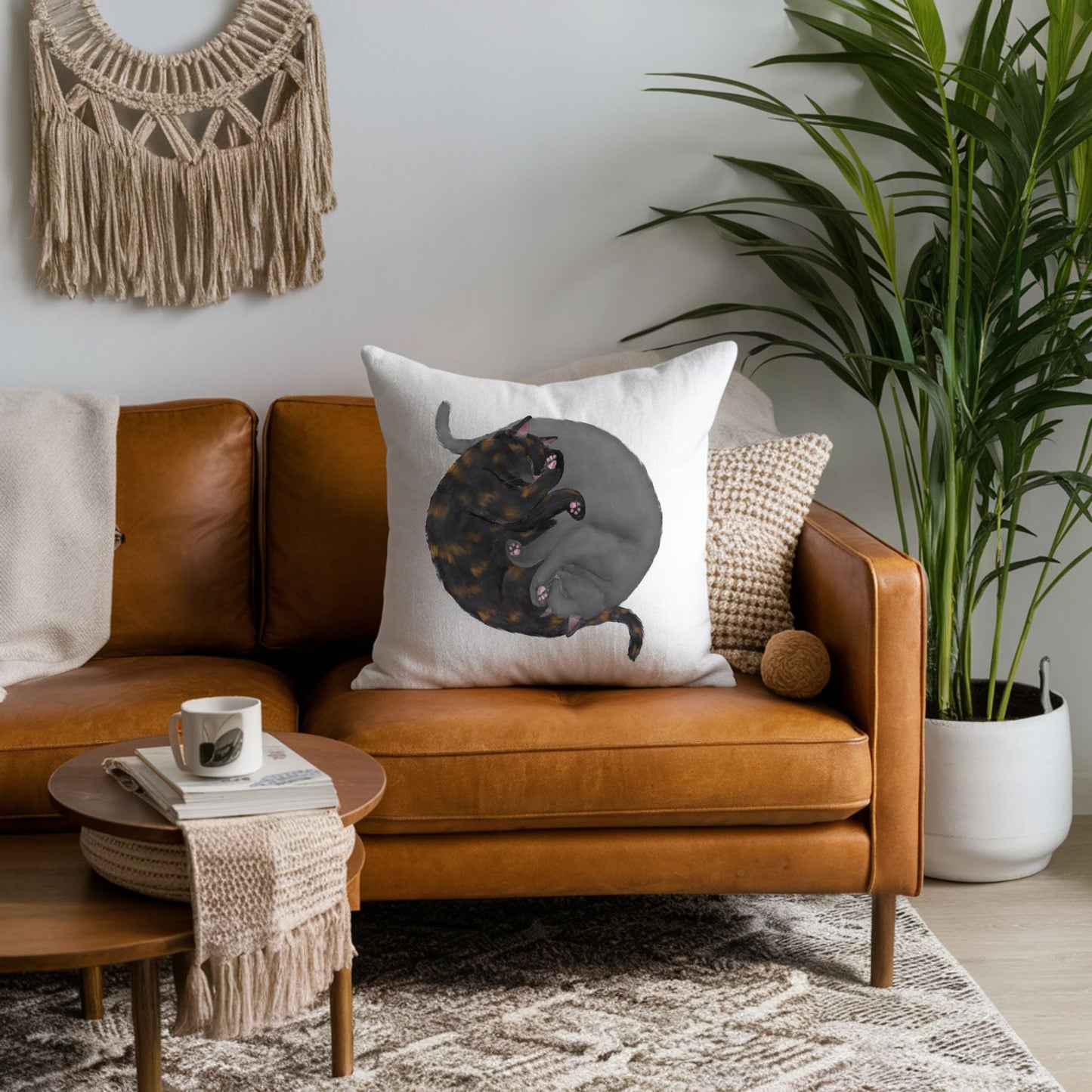 Sleeping Tortoiseshell and Grey Cat Pillow - MerikaArt