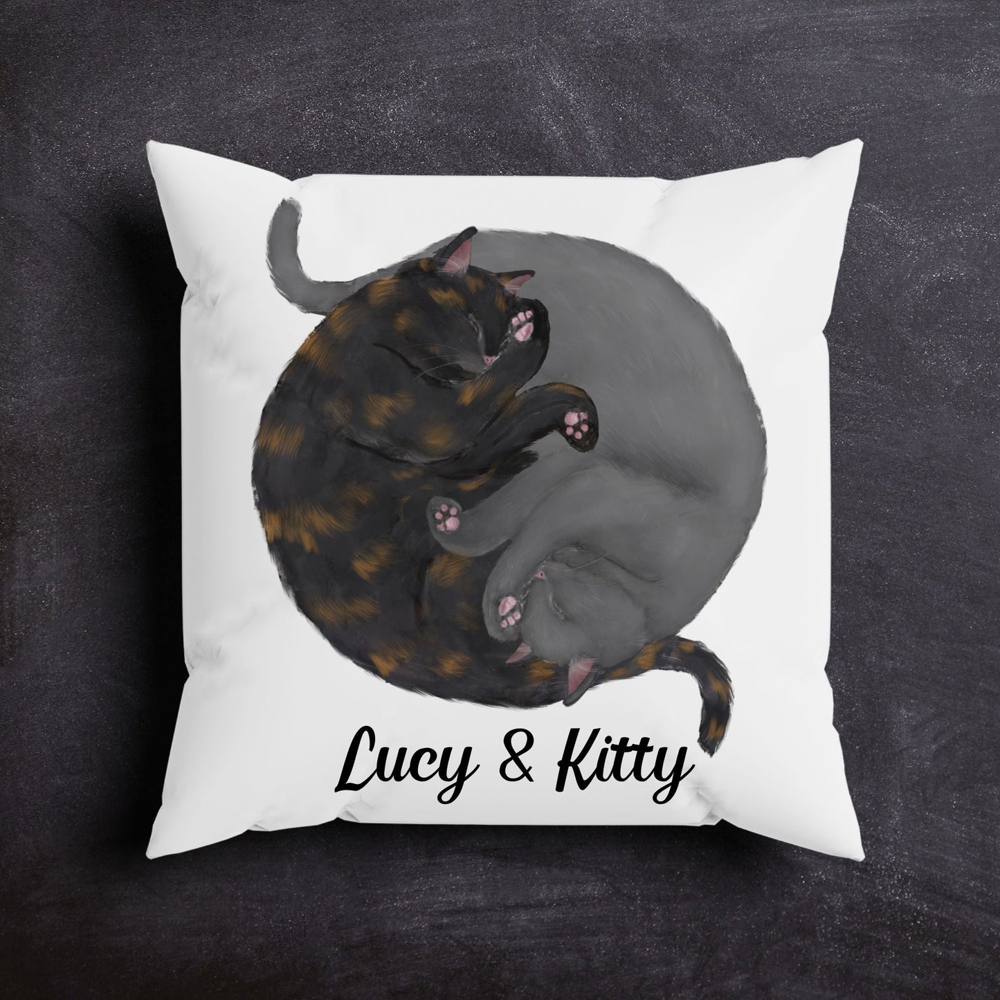 Sleeping Tortoiseshell and Grey Cat Pillow - MerikaArt
