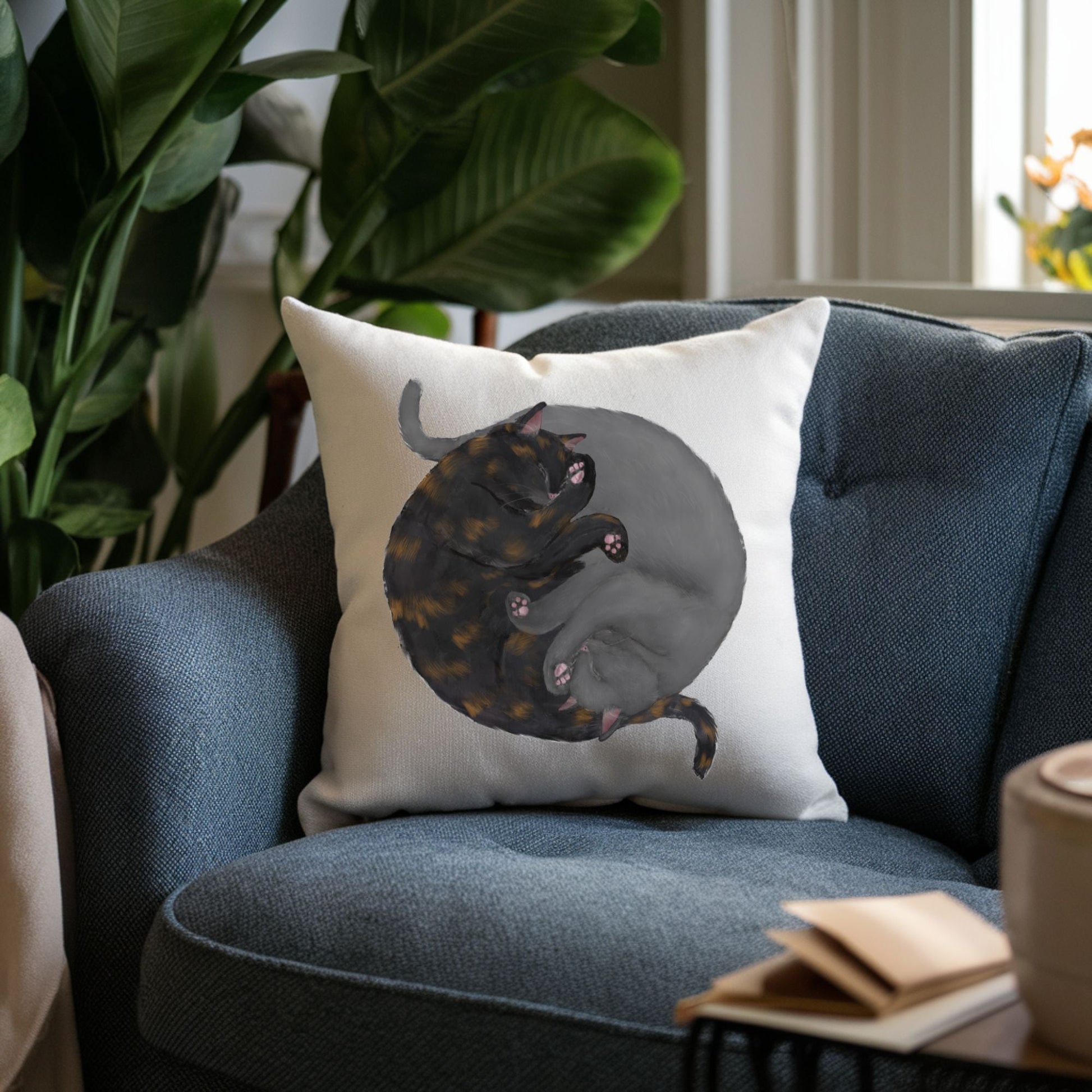 Sleeping Tortoiseshell and Grey Cat Pillow - MerikaArt