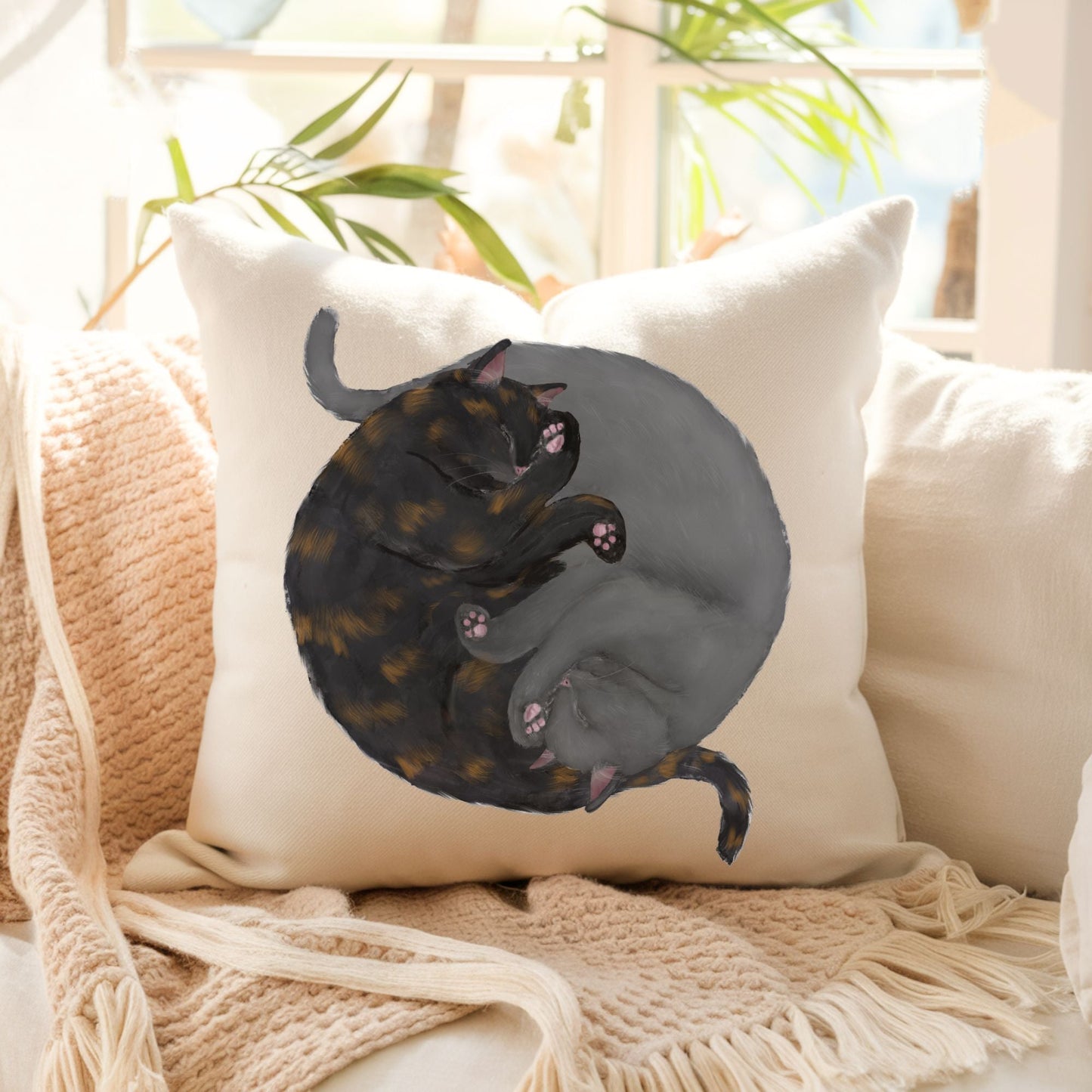 Sleeping Tortoiseshell and Grey Cat Pillow - MerikaArt