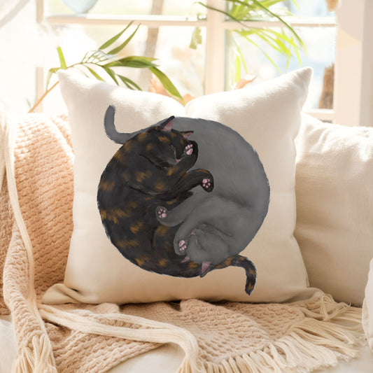 Sleeping Tortoiseshell and Grey Cat Pillow - MerikaArt