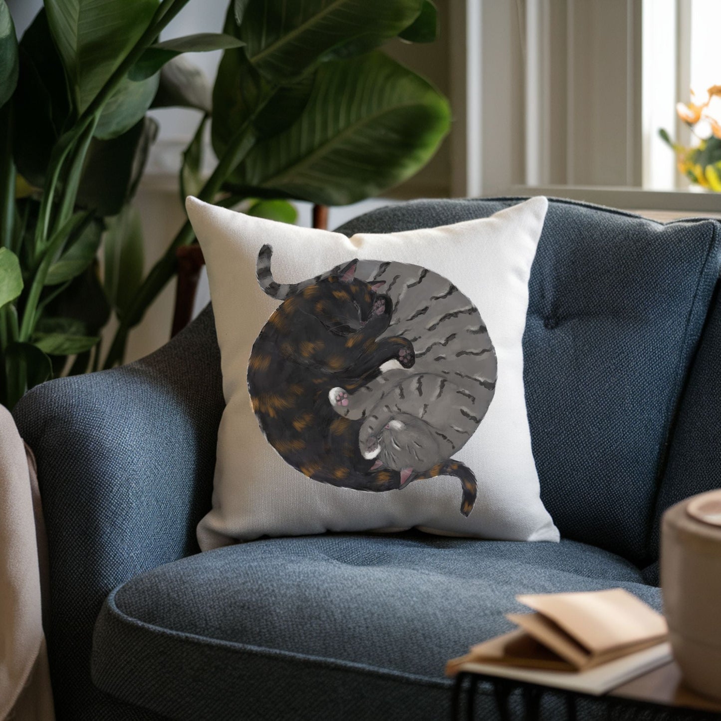 Sleeping Tortoiseshell and Grey Tabby Cat Pillow - MerikaArt