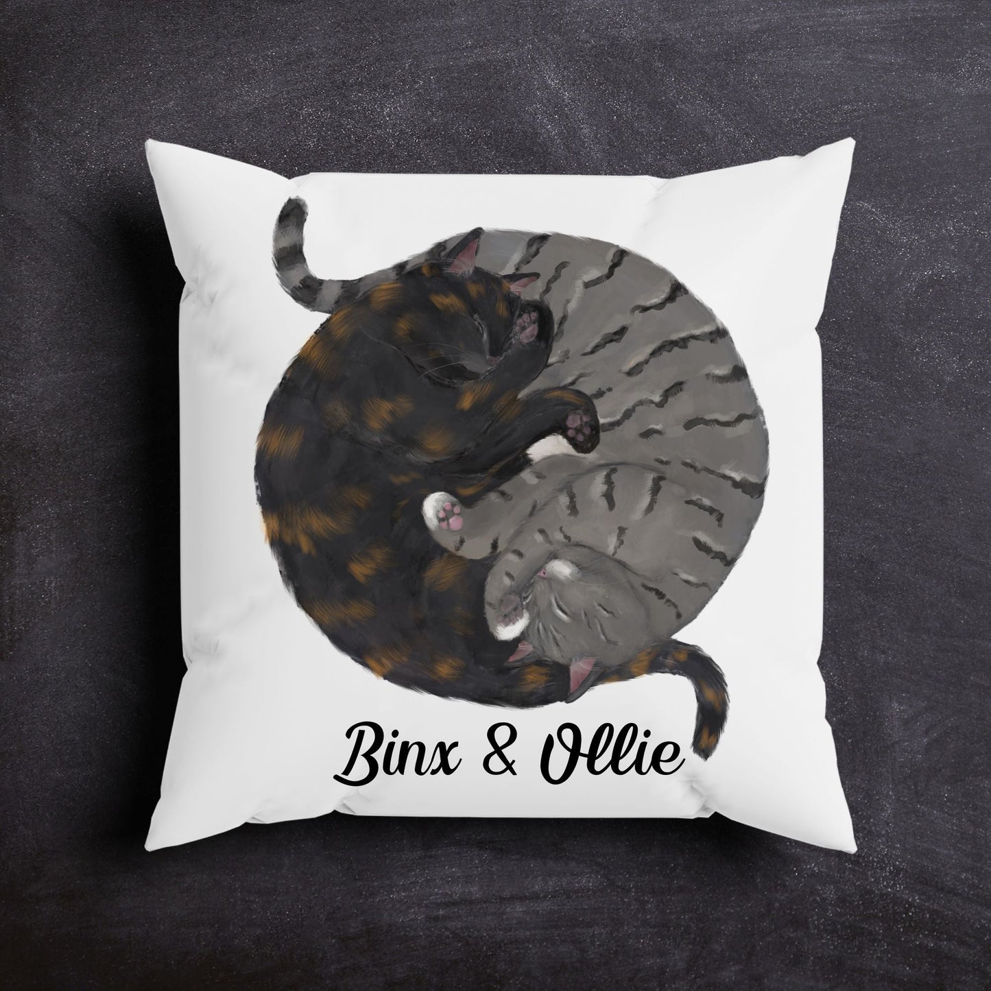 Sleeping Tortoiseshell and Grey Tabby Cat Pillow - MerikaArt