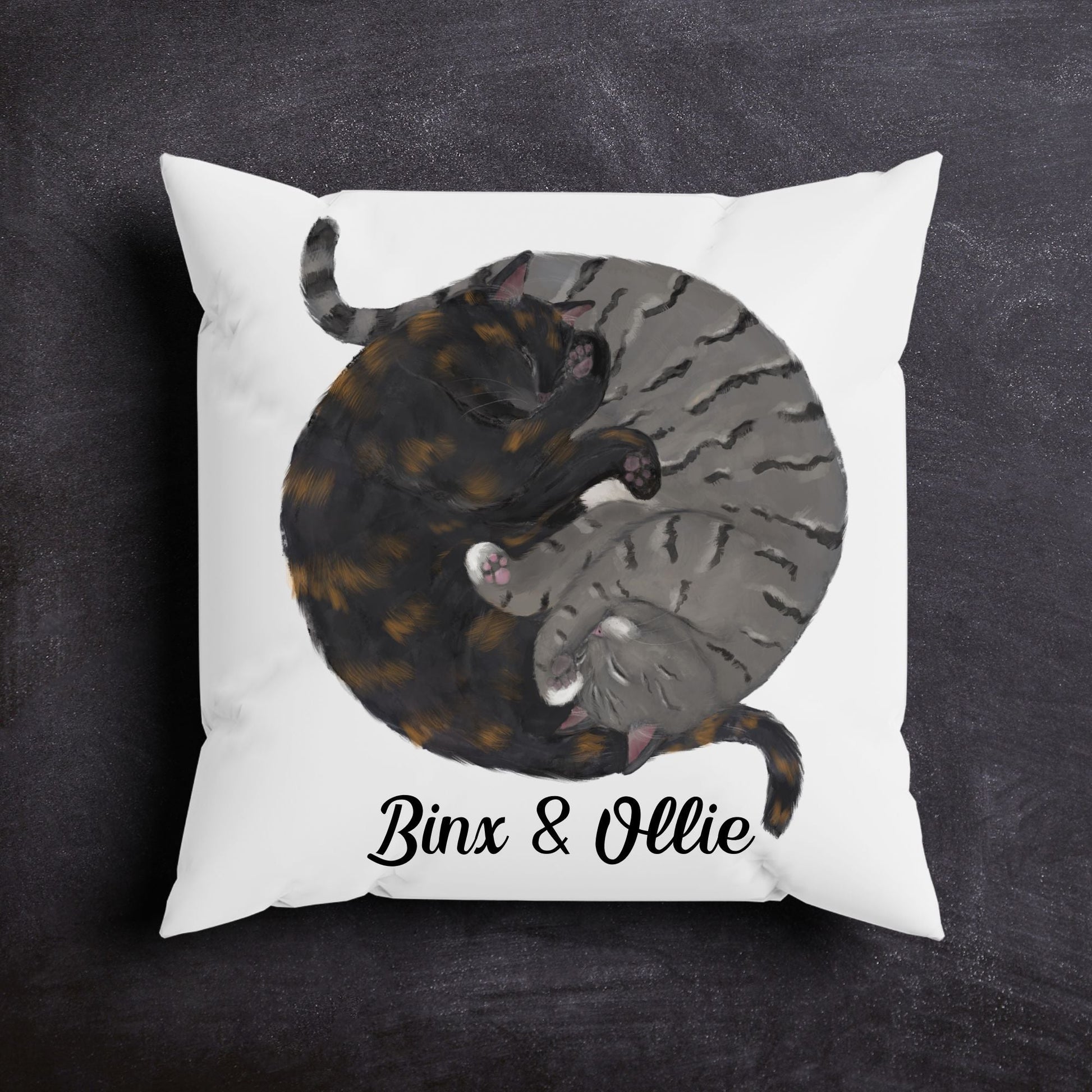Sleeping Tortoiseshell and Grey Tabby Cat Pillow - MerikaArt