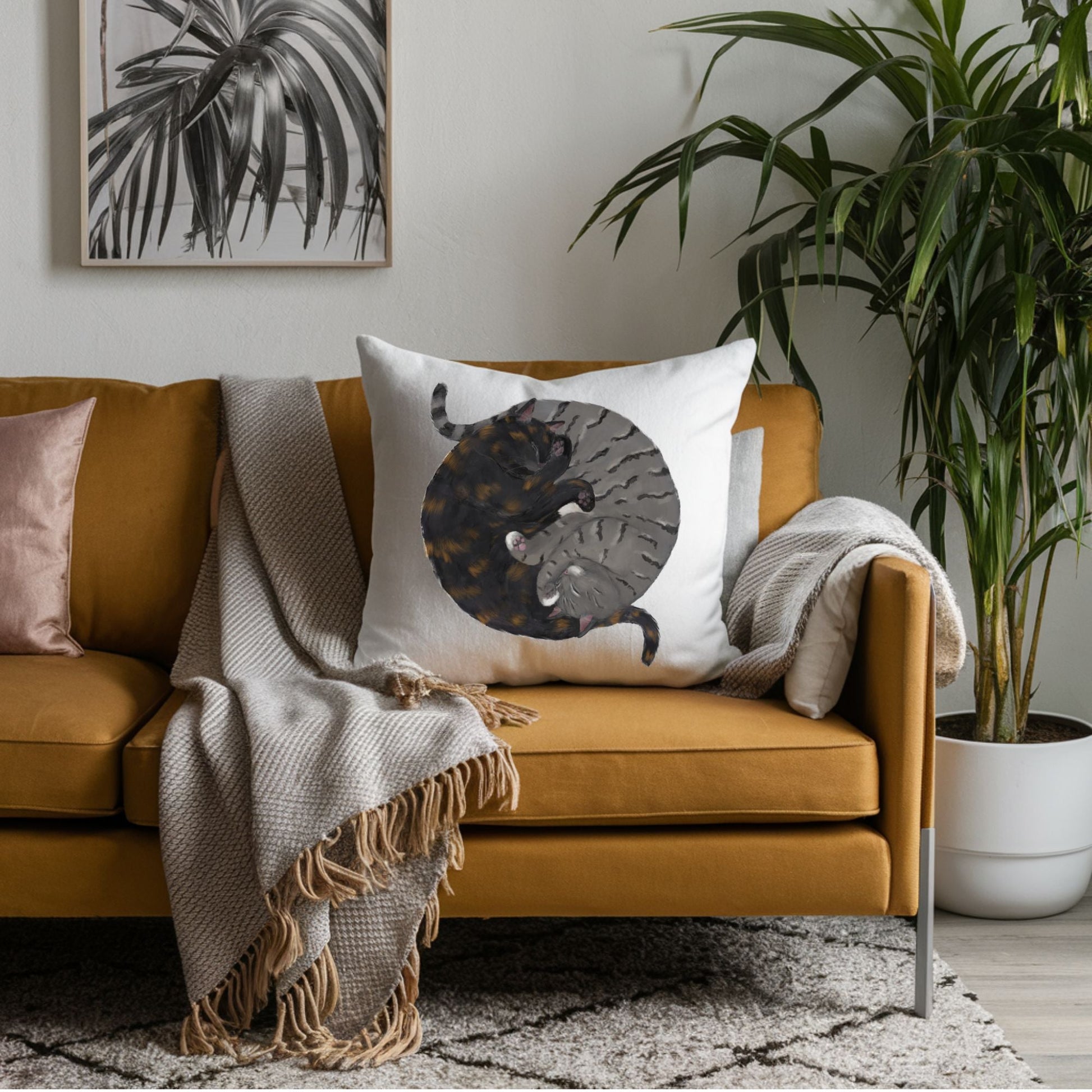 Sleeping Tortoiseshell and Grey Tabby Cat Pillow - MerikaArt