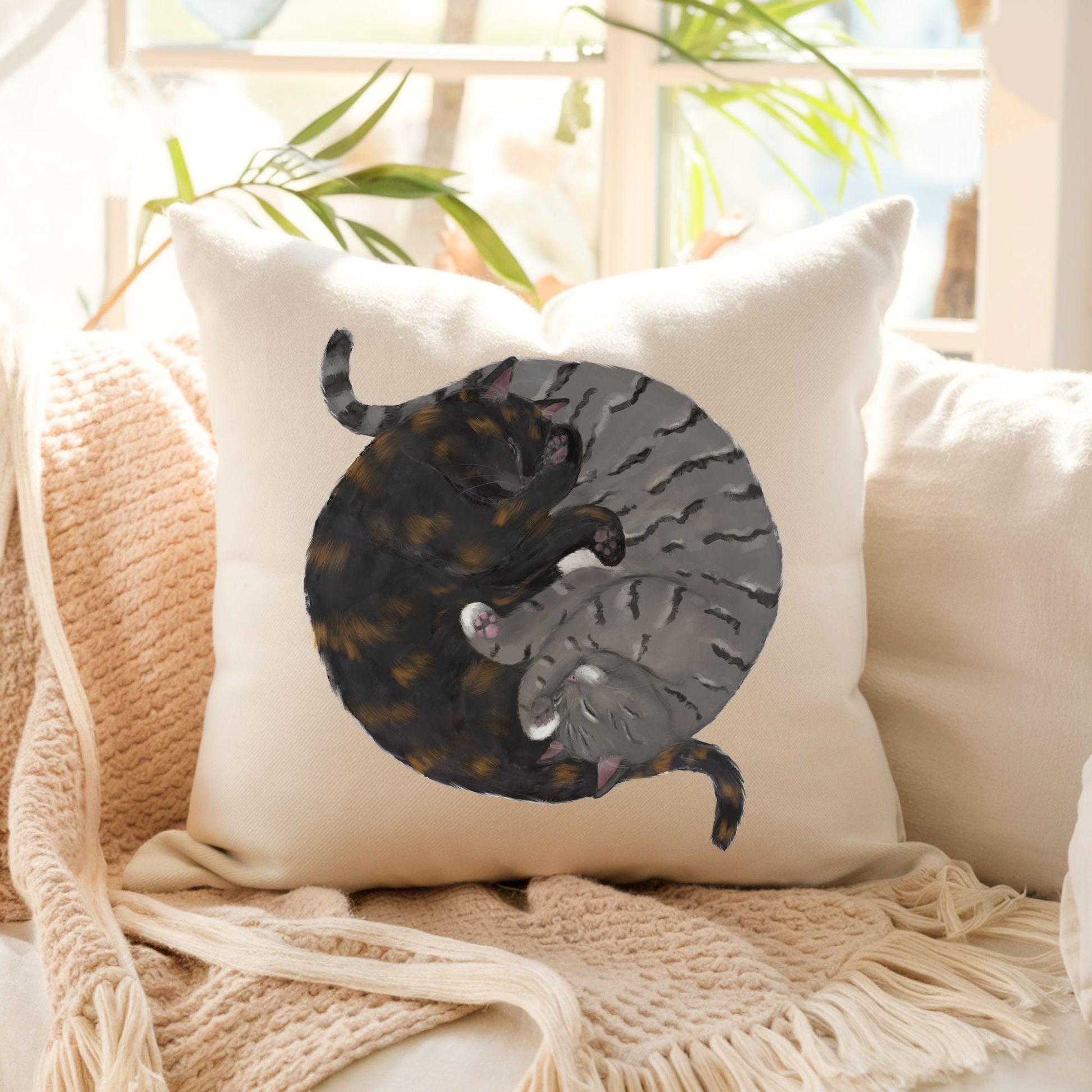 Sleeping Tortoiseshell and Grey Tabby Cat Pillow - MerikaArt