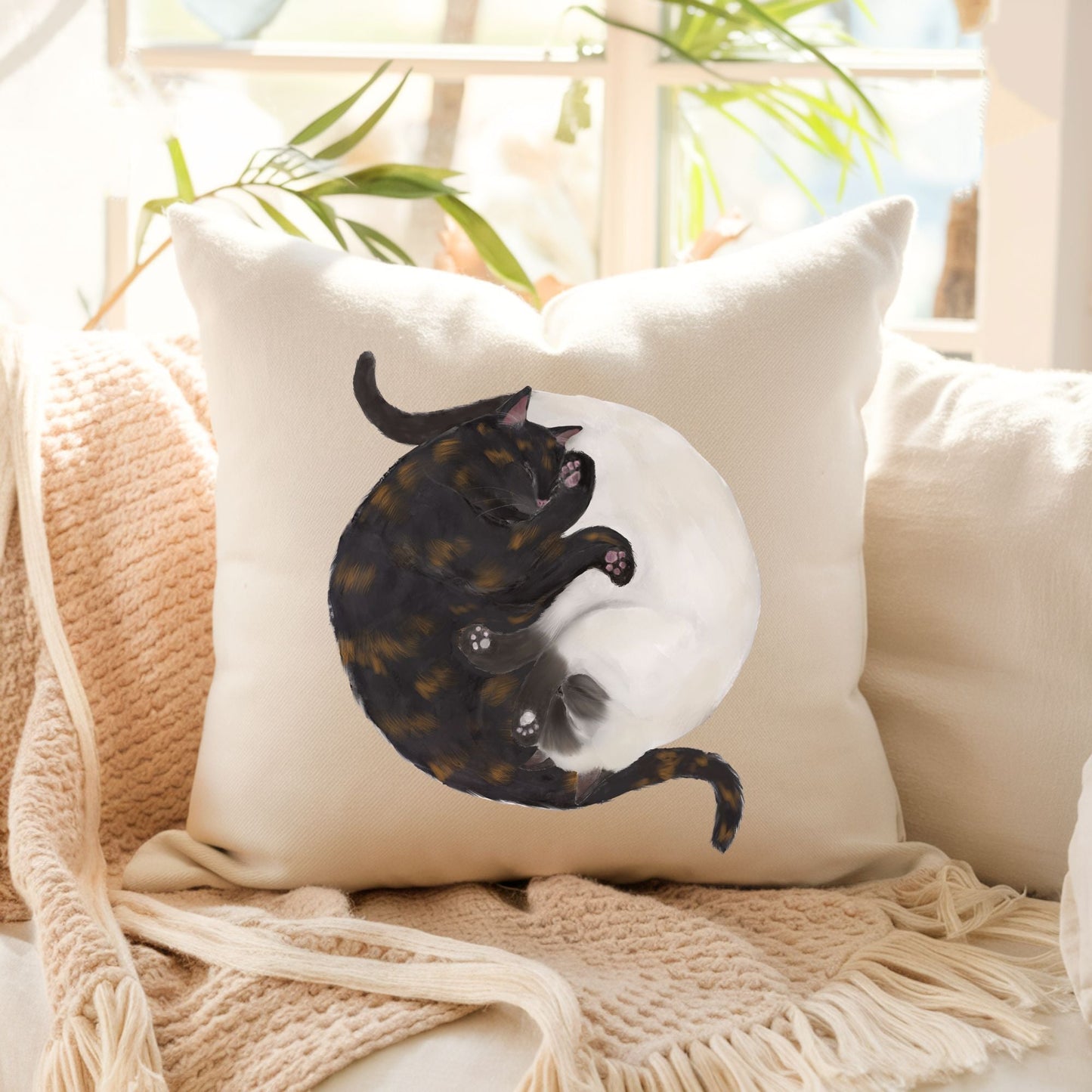 Sleeping Tortoiseshell and Siamese Cat Pillow - MerikaArt