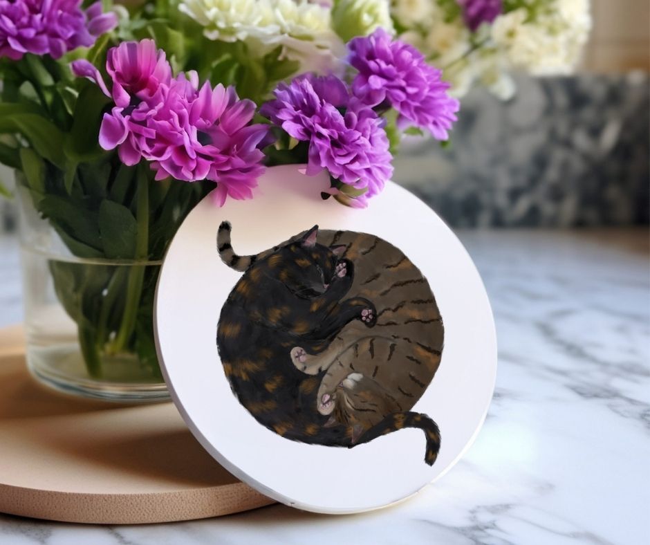Sleeping Tortoiseshell and Tabby Cats Ceramic Coaster - MerikaArt
