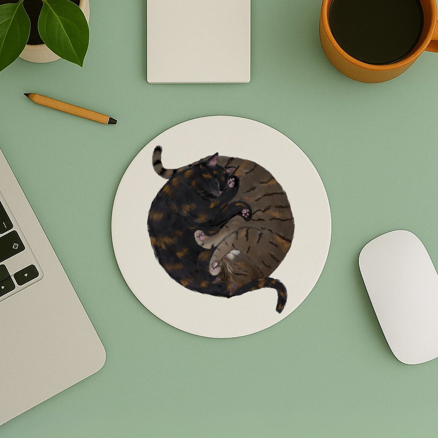 Sleeping Tortoiseshell and Tabby Cats Mousepad - MerikaArt