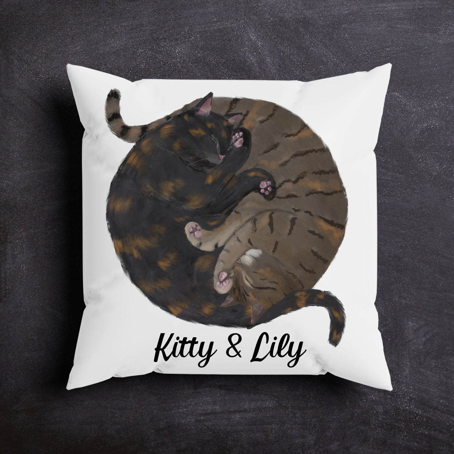 Sleeping Tortoiseshell and Tabby Cats Pillow - MerikaArt