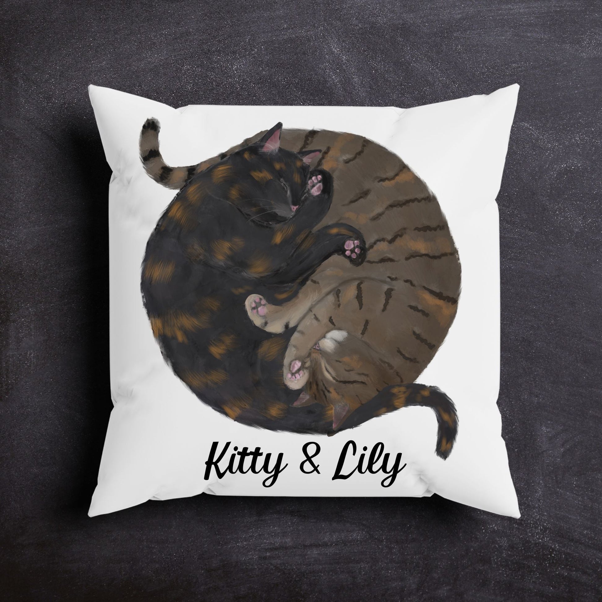 Sleeping Tortoiseshell and Tabby Cats Pillow - MerikaArt
