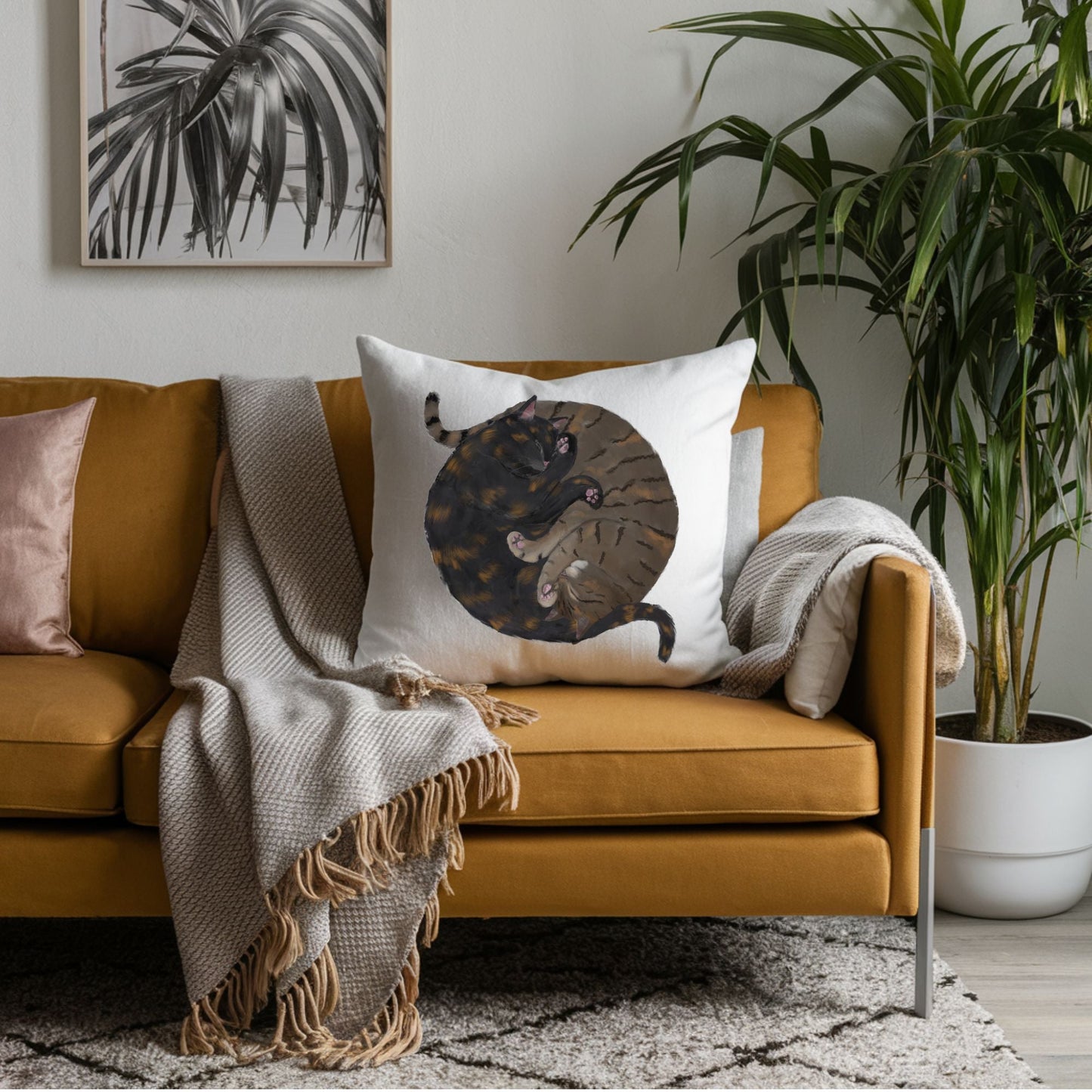 Sleeping Tortoiseshell and Tabby Cats Pillow - MerikaArt