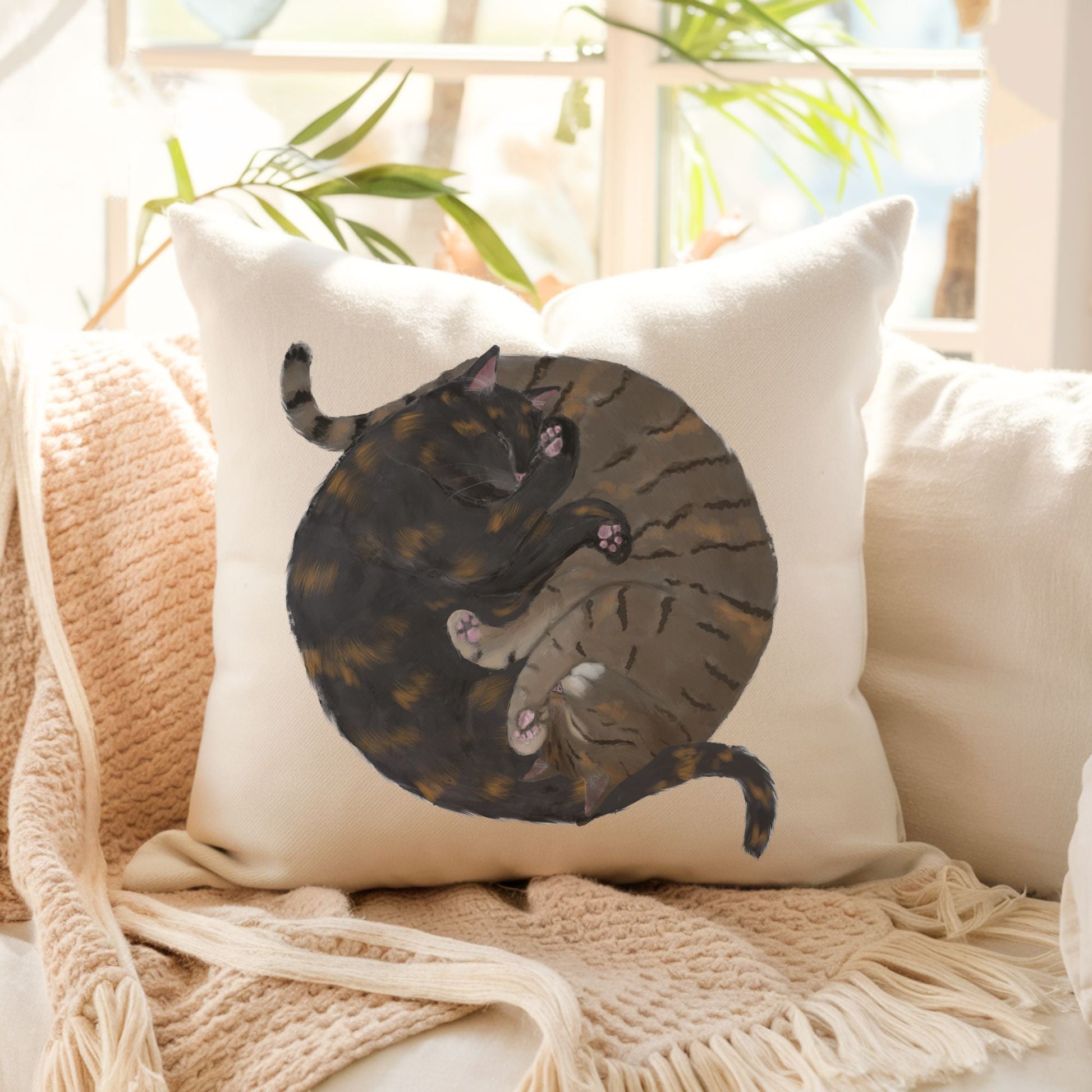 Sleeping Tortoiseshell and Tabby Cats Pillow - MerikaArt