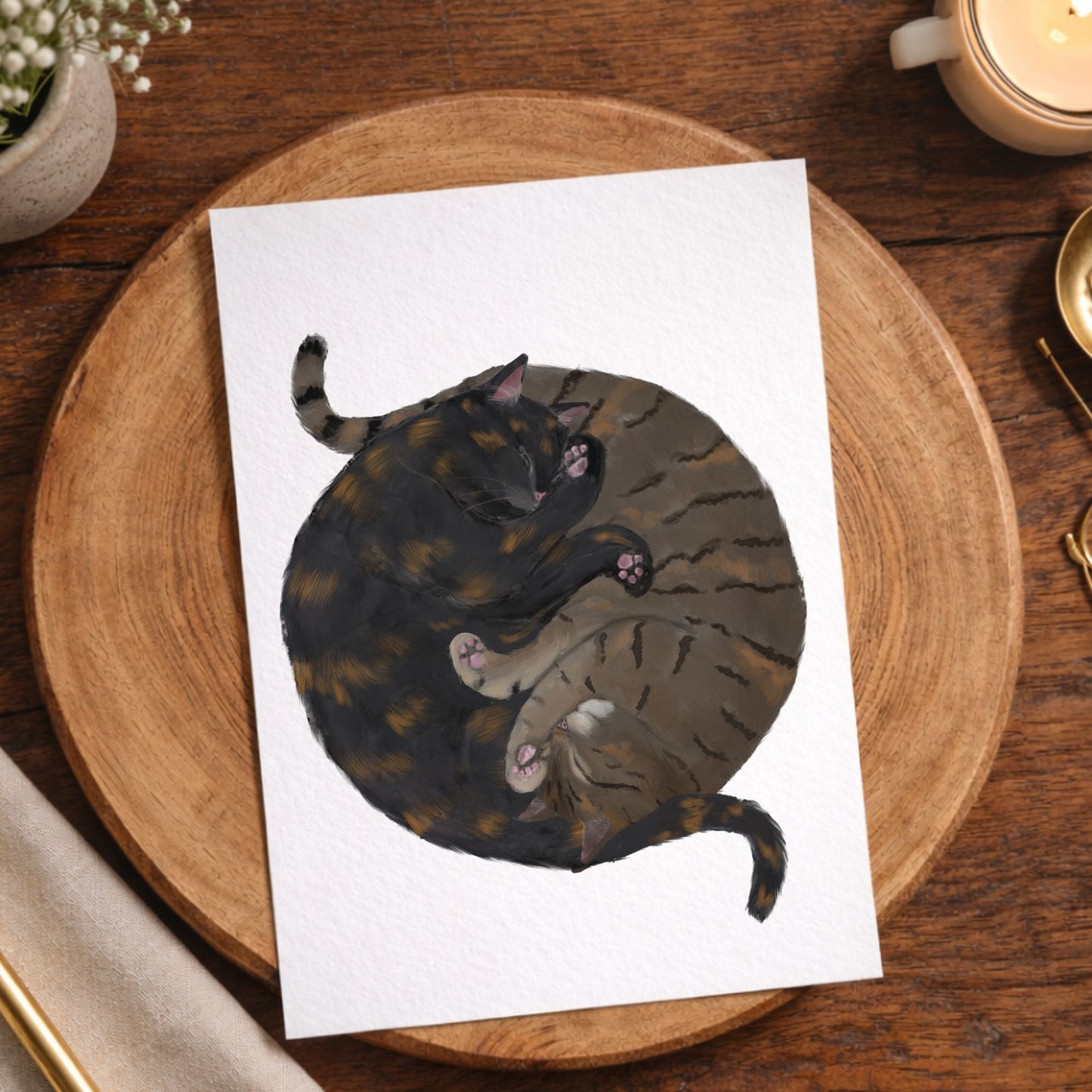 Sleeping Tortoiseshell And Tabby Cats Postcard - MerikaArt