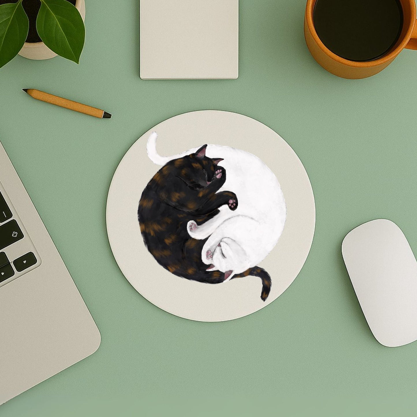 Sleeping Tortoiseshell and White Cats Mousepad - MerikaArt