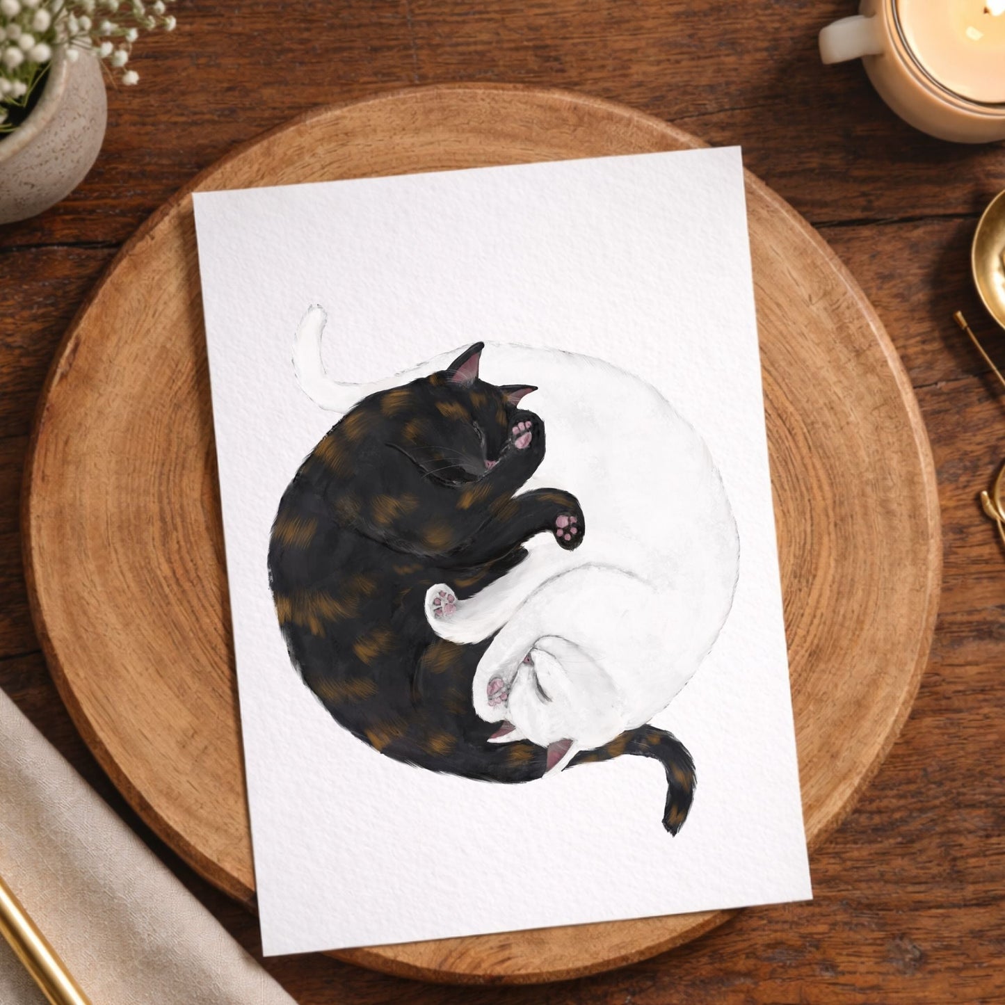 Sleeping Tortoiseshell And White Cats Postcard - MerikaArt