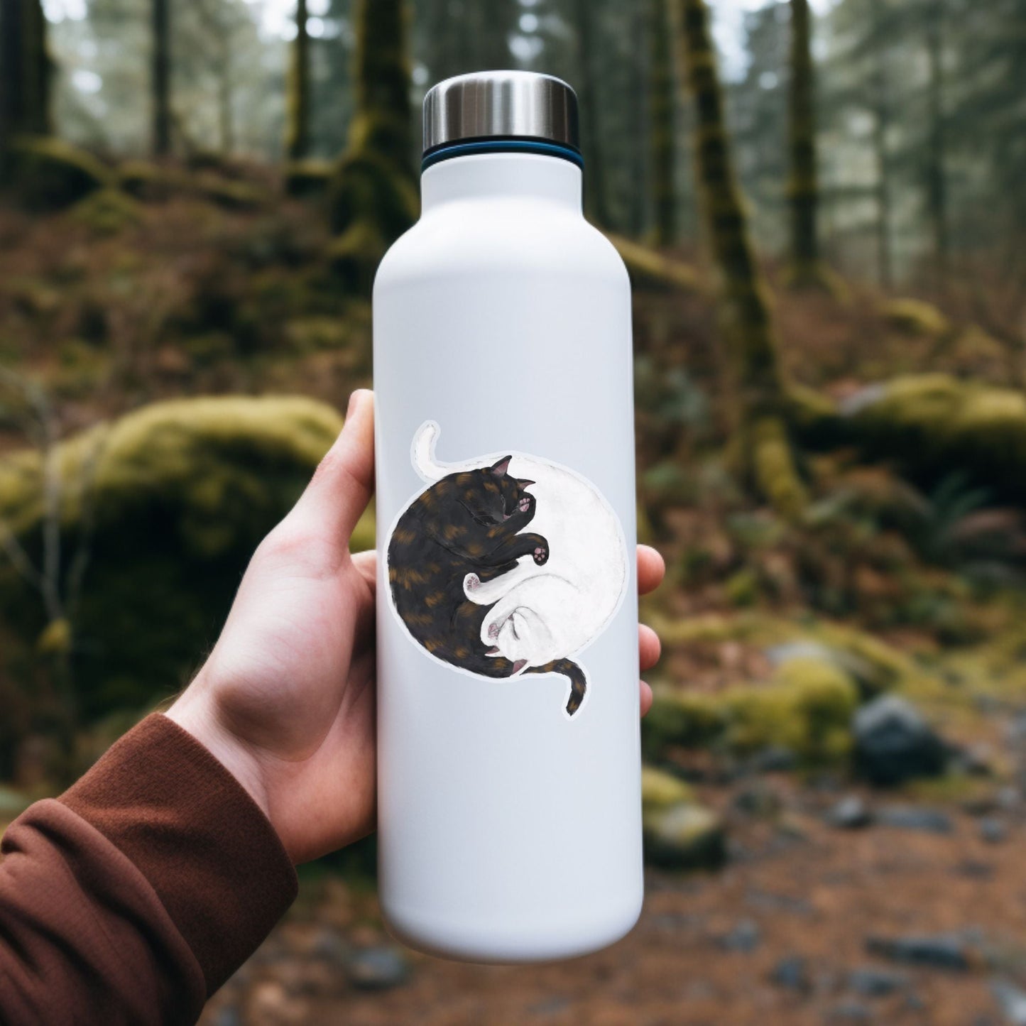 Sleeping Tortoiseshell And White Cats Vinyl Sticker - MerikaArt