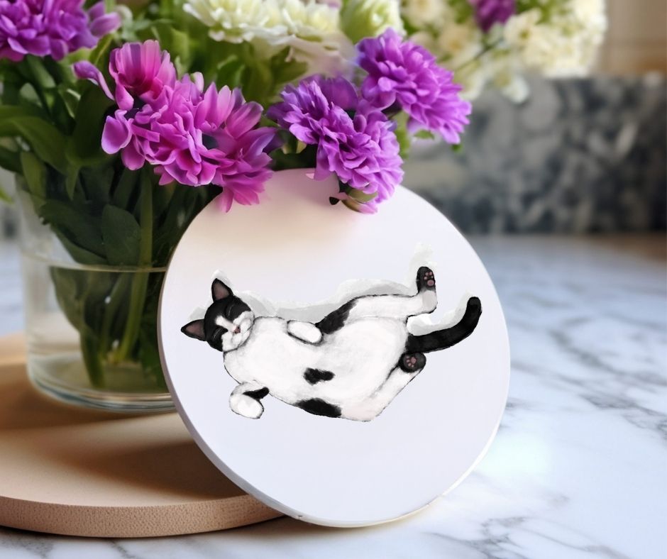 Sleeping Tuxedo Cat Ceramic Coaster - MerikaArt