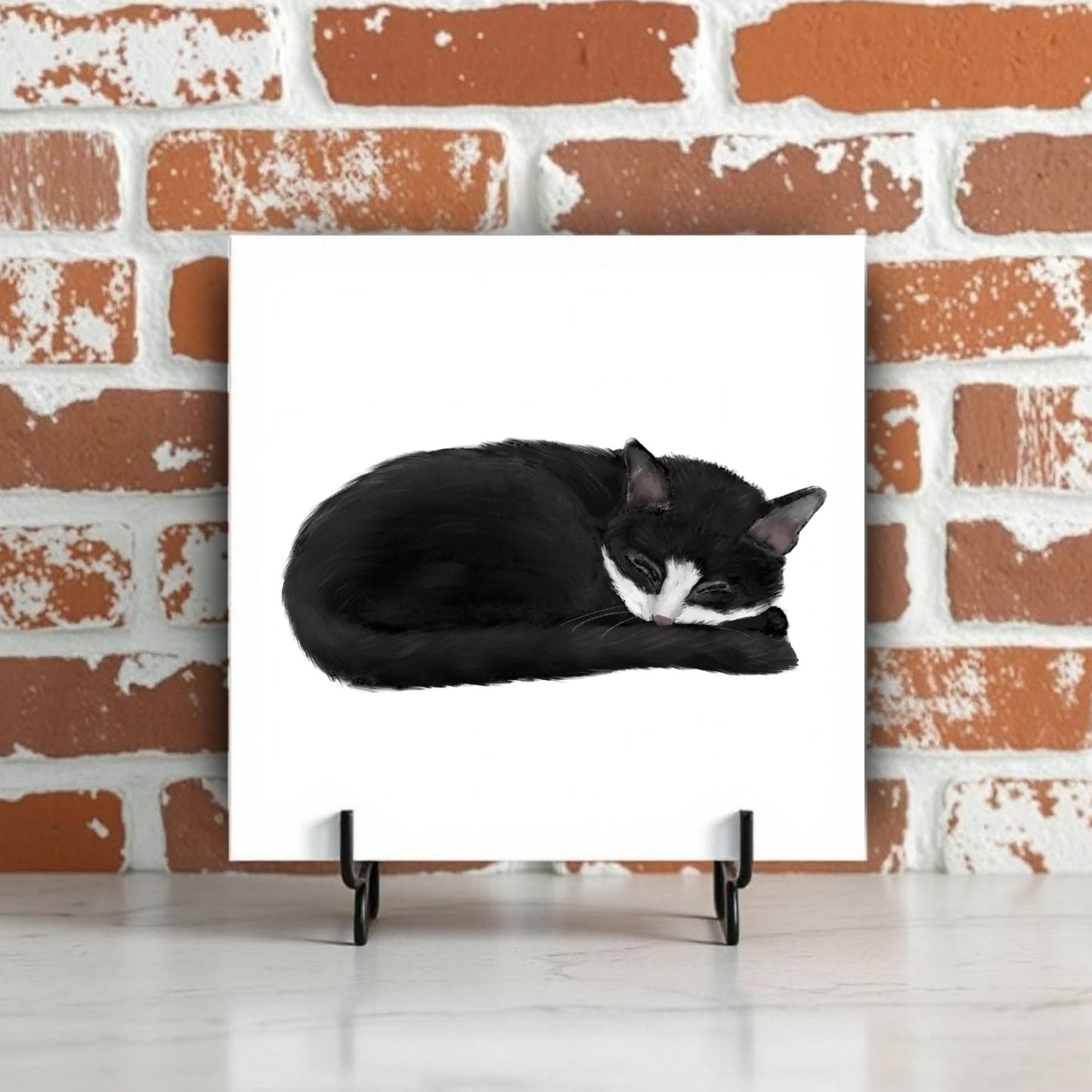 Sleeping Tuxedo Cat Ceramic Tile - MerikaArt