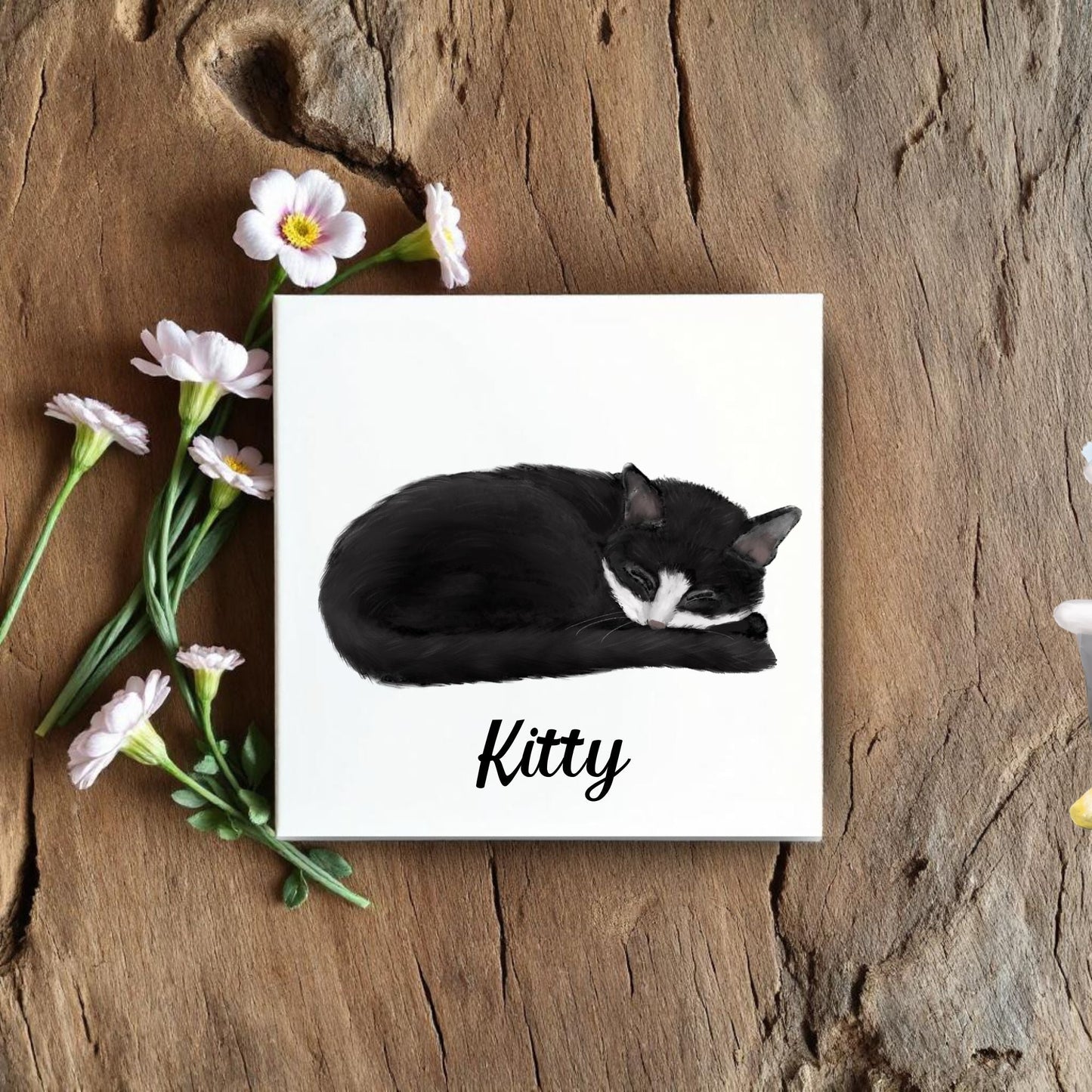 Sleeping Tuxedo Cat Ceramic Tile - MerikaArt