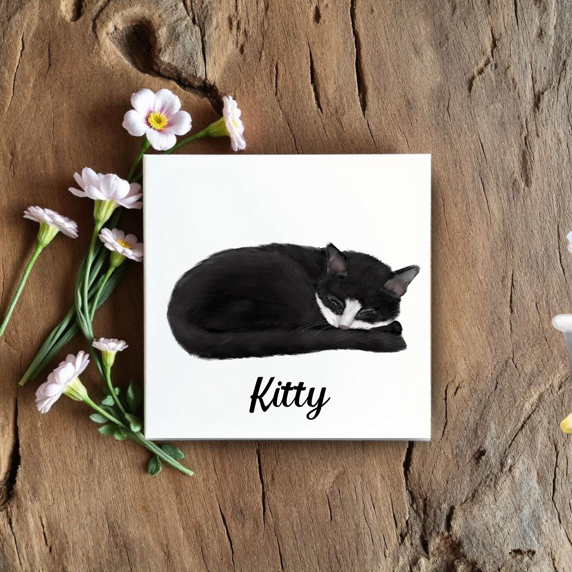 Sleeping Tuxedo Cat Ceramic Tile - MerikaArt