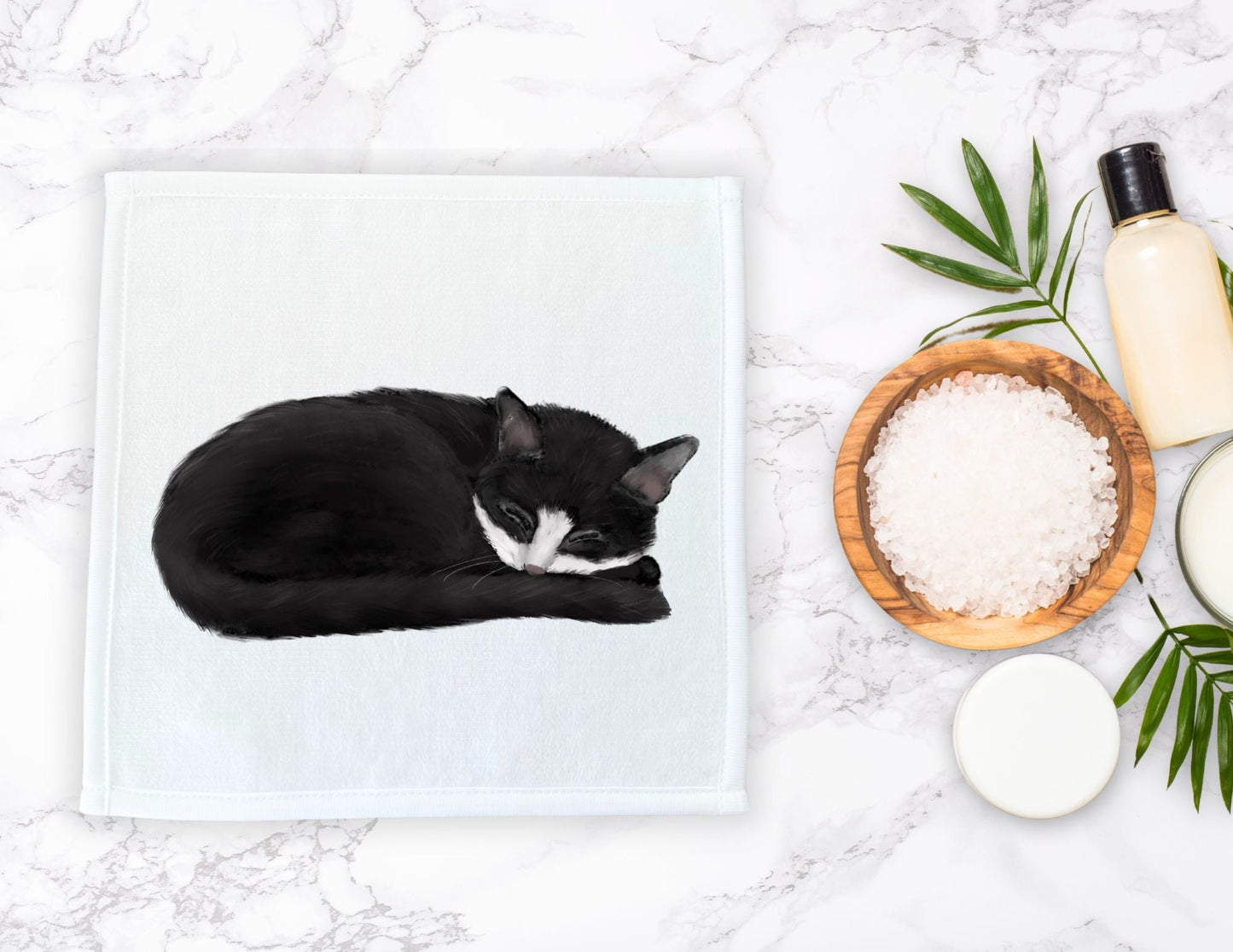 Sleeping Tuxedo Cat Washcloth - MerikaArt