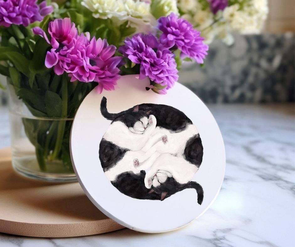 Sleeping Tuxedo Cats Ceramic Coaster - MerikaArt