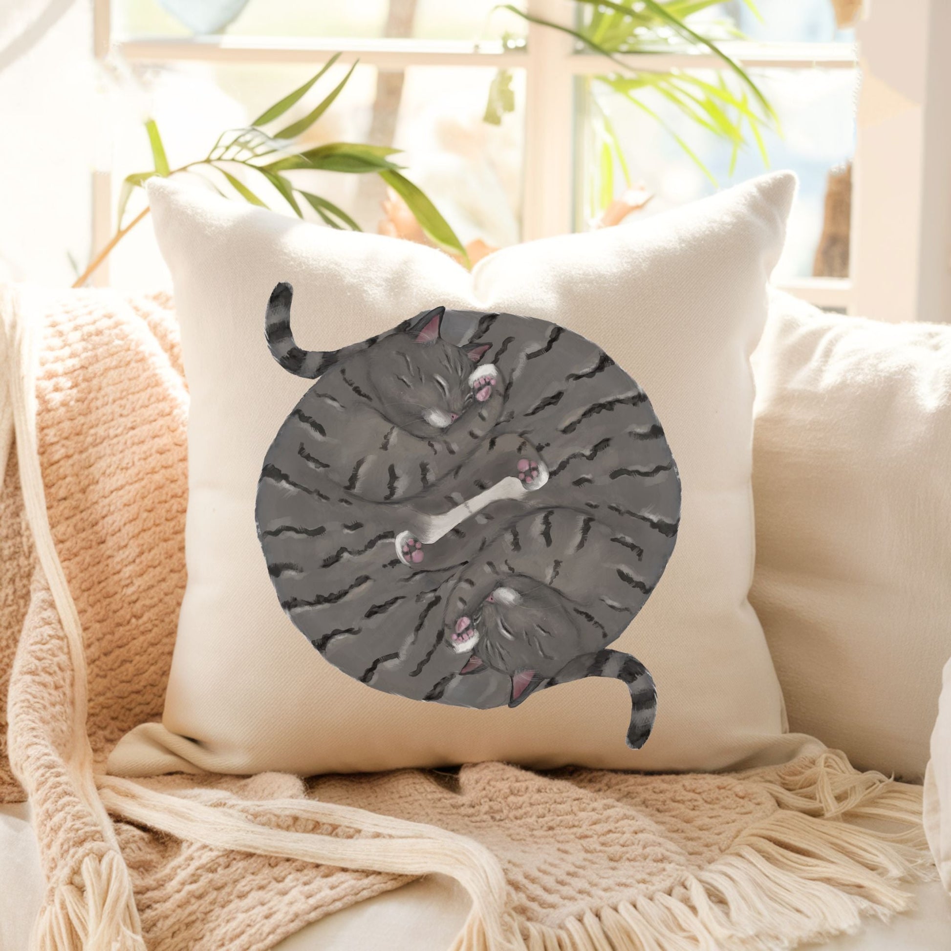 Sleeping Twin Tabby Cats Pillow - MerikaArt