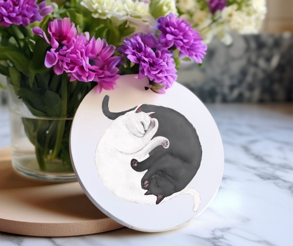Sleeping White and Gray Cats Ceramic Coaster - MerikaArt