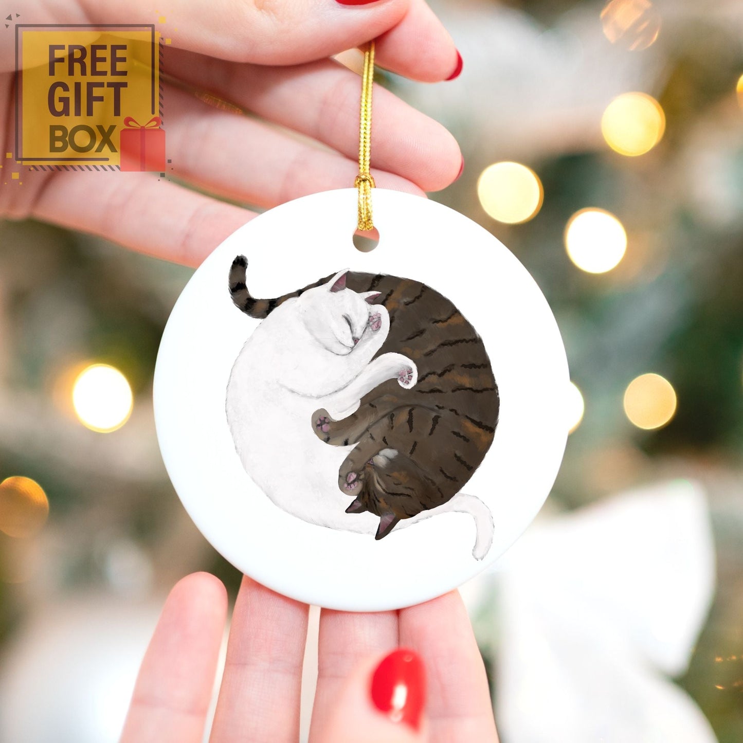 Sleeping White And Tabby Cats Ceramic Ornament - MerikaArt