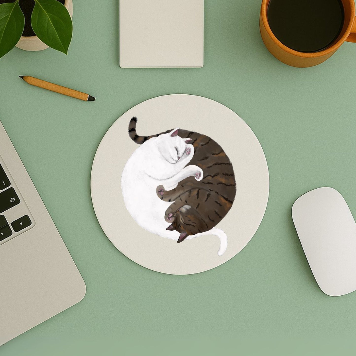 Sleeping White and Tabby Cats Mousepad - MerikaArt