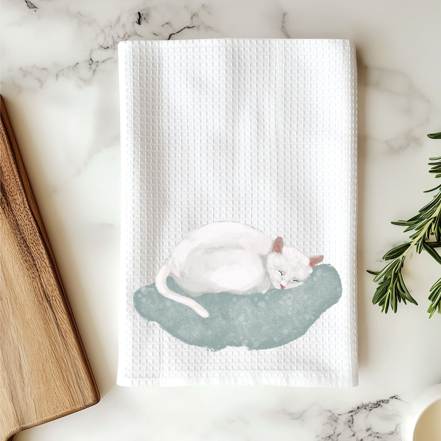 Sleeping White Cat Kitchen Towel - MerikaArt
