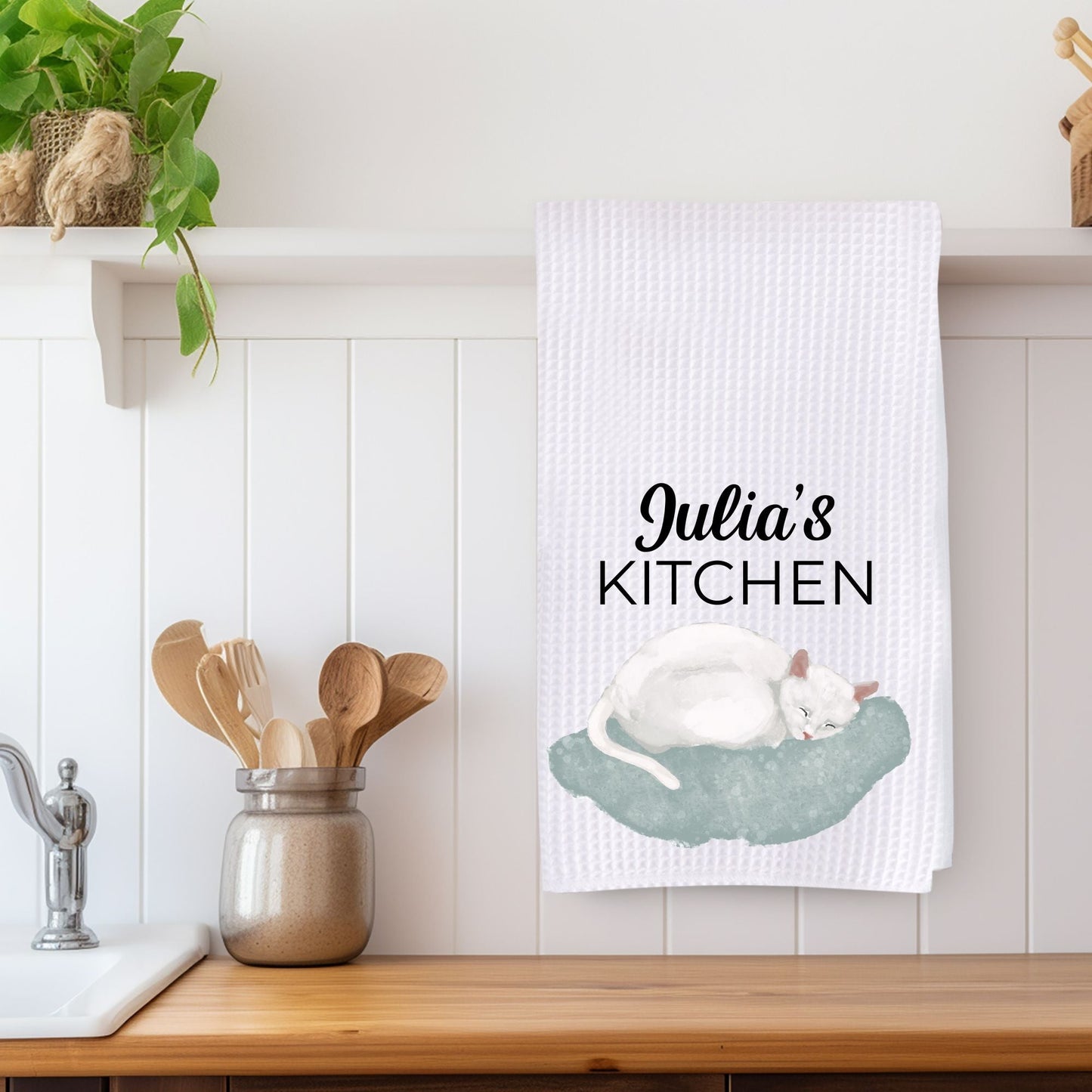 Sleeping White Cat Kitchen Towel - MerikaArt