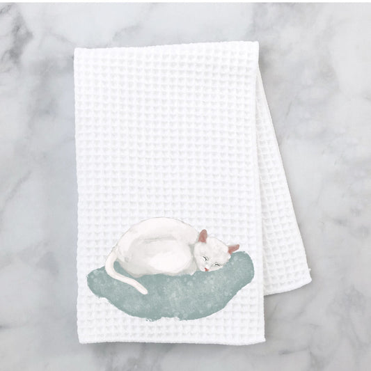 Sleeping White Cat Kitchen Towel - MerikaArt