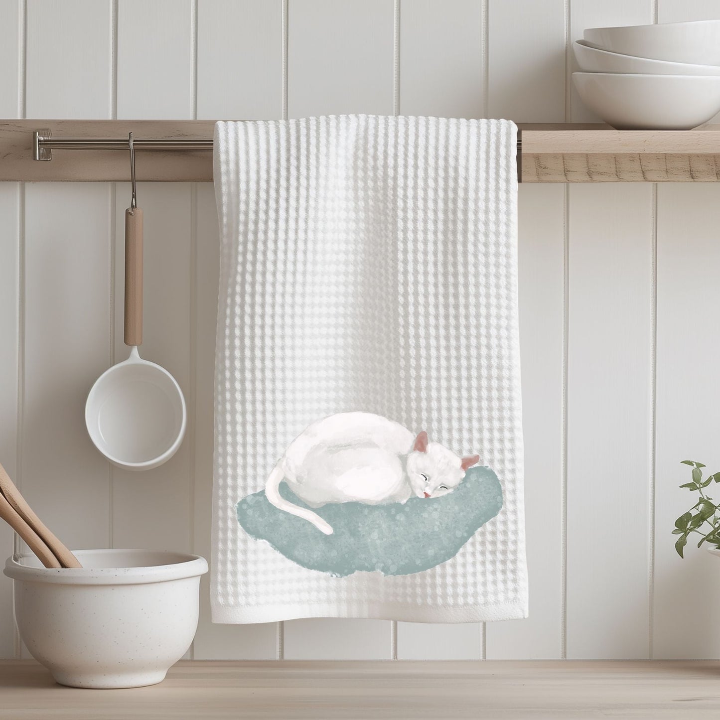Sleeping White Cat Kitchen Towel - MerikaArt
