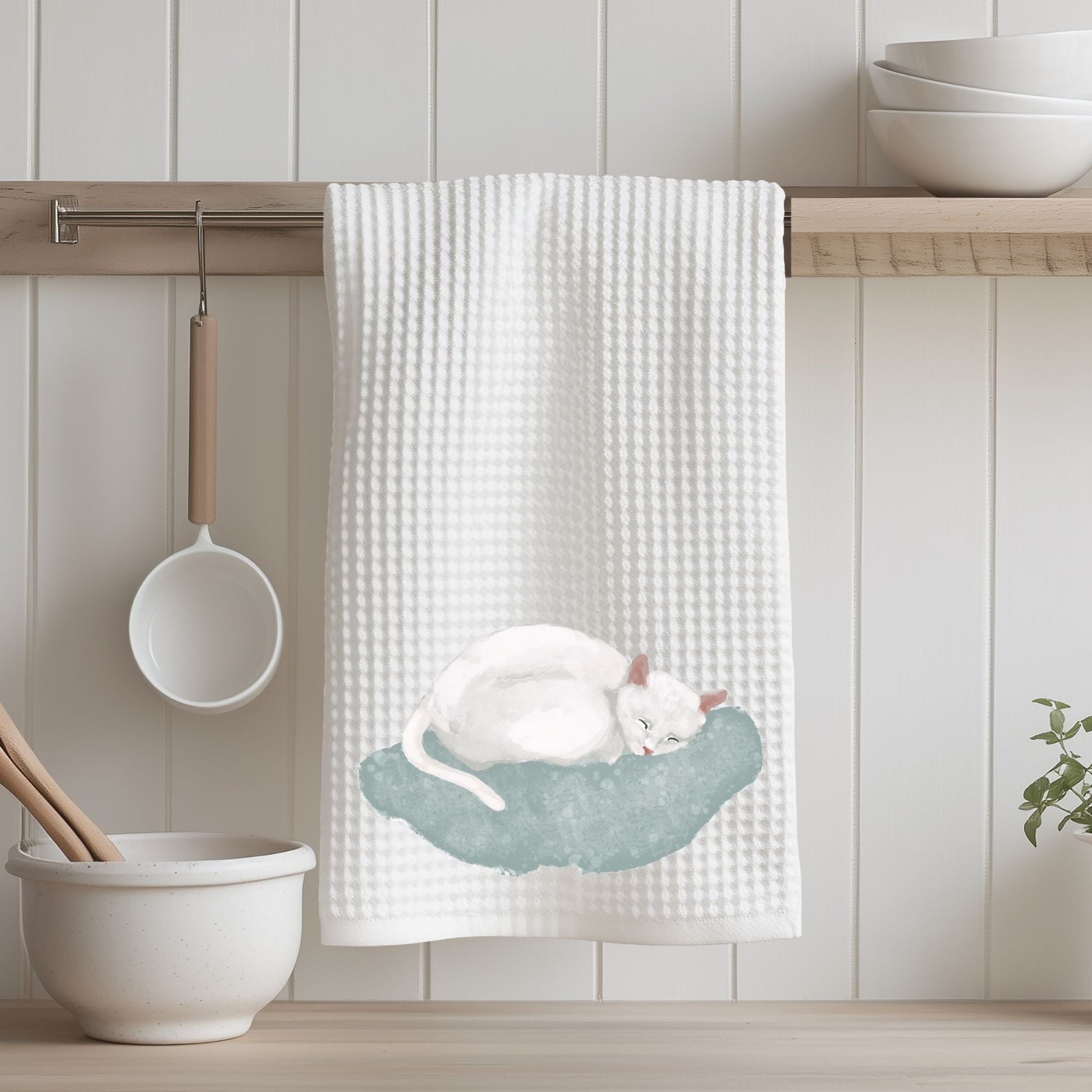 Sleeping White Cat Kitchen Towel - MerikaArt