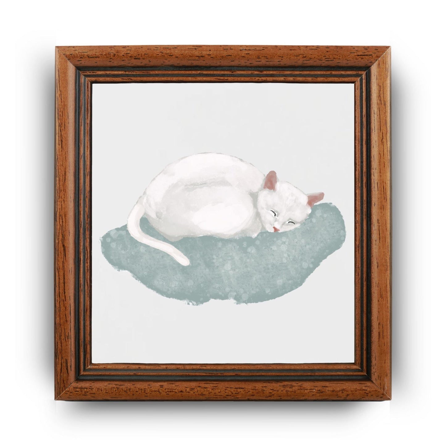 Sleeping White Cat on Cozy Cushion Ceramic Tile - MerikaArt
