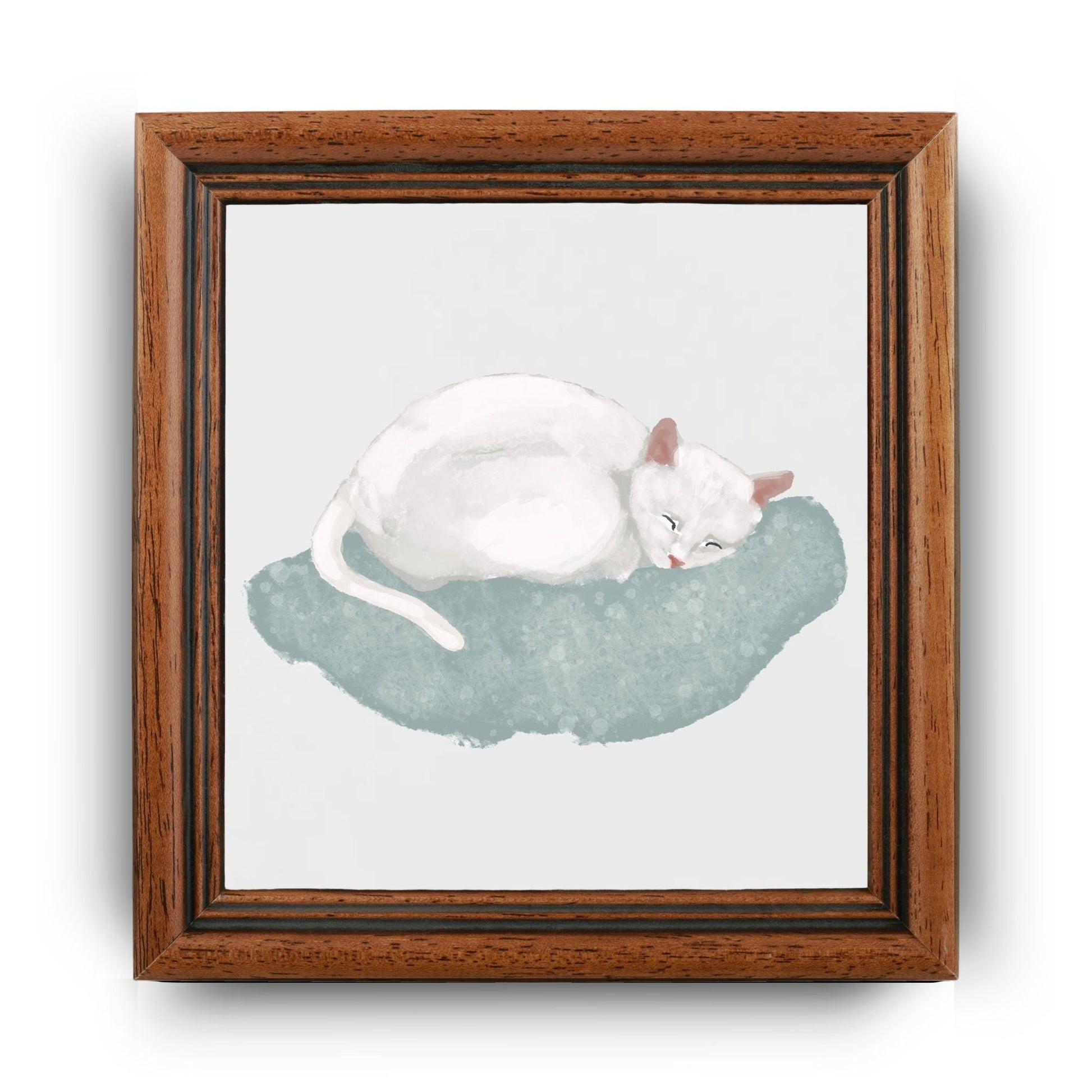 Sleeping White Cat on Cozy Cushion Ceramic Tile - MerikaArt
