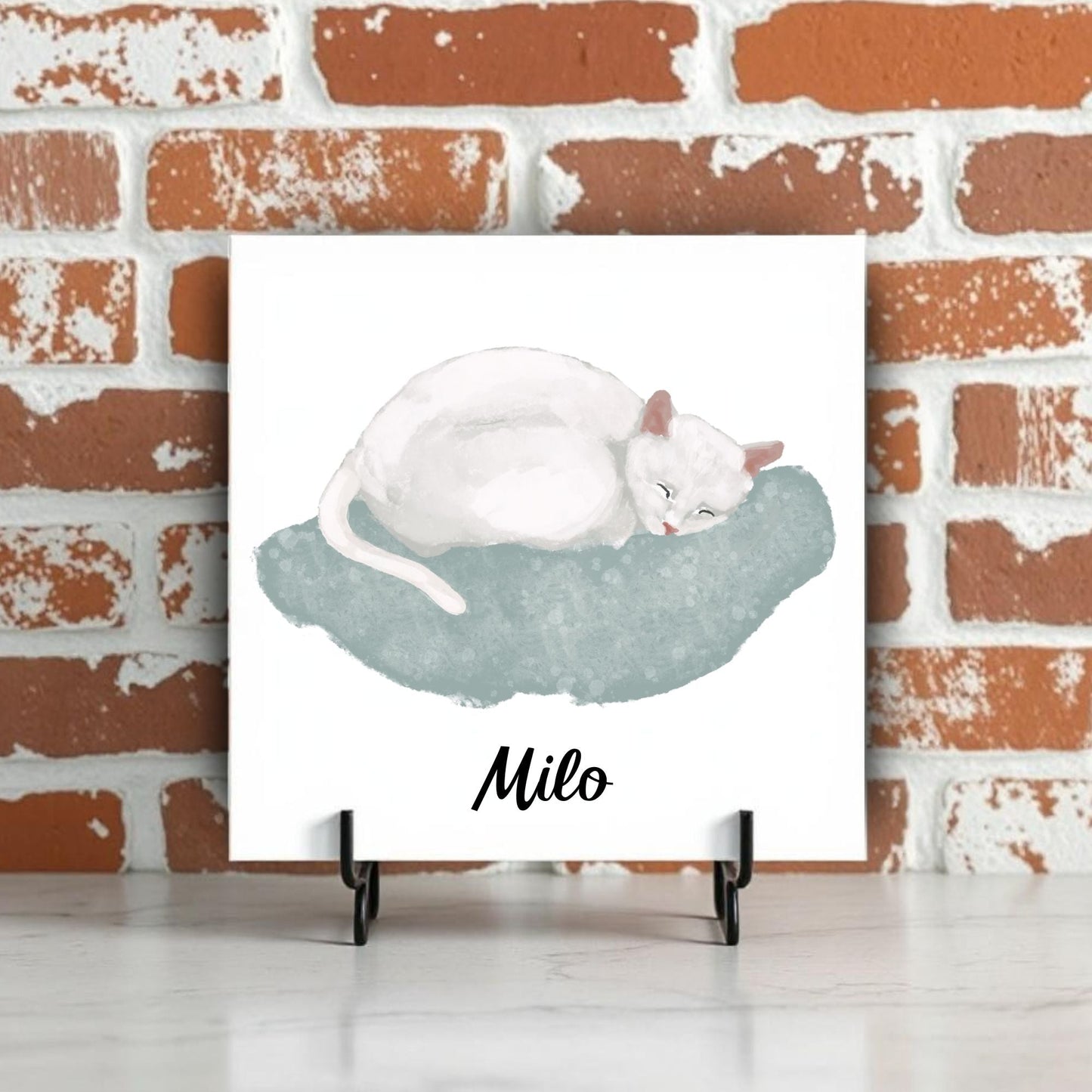 Sleeping White Cat on Cozy Cushion Ceramic Tile - MerikaArt