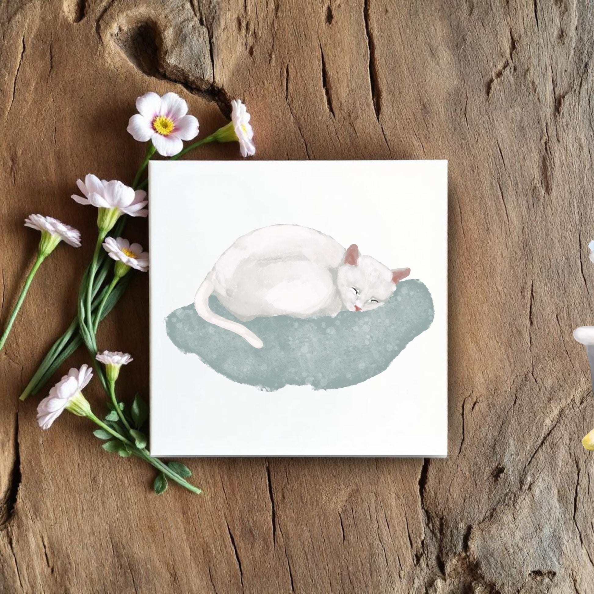 Sleeping White Cat on Cozy Cushion Ceramic Tile - MerikaArt