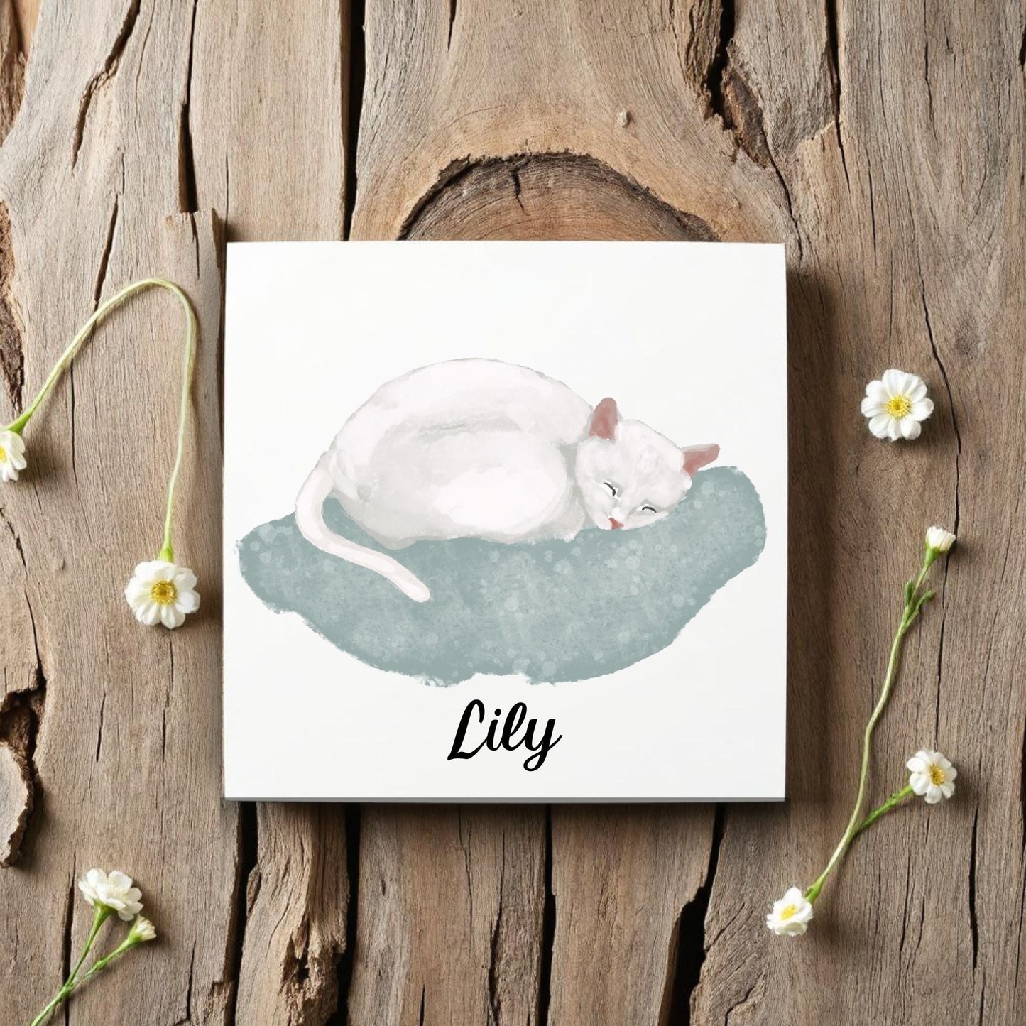 Sleeping White Cat on Cozy Cushion Ceramic Tile - MerikaArt