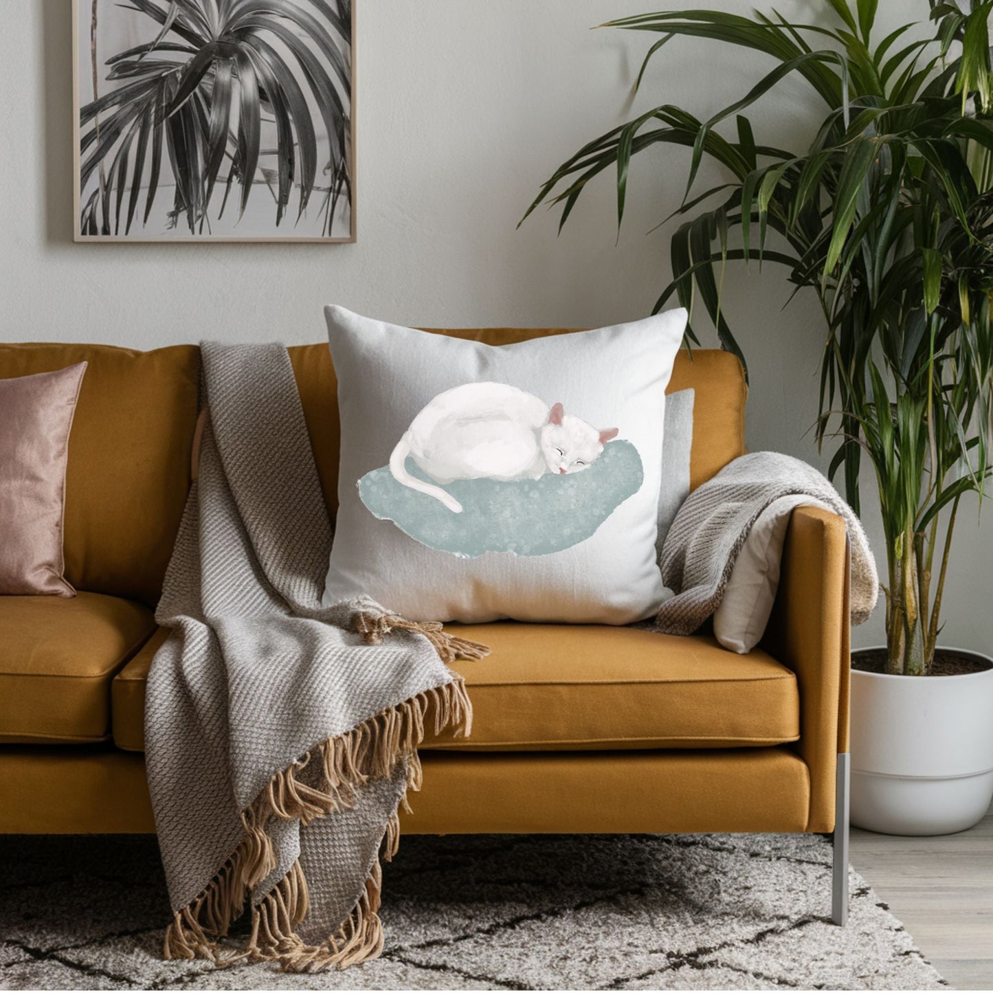 Sleeping White Cat Pillow - MerikaArt