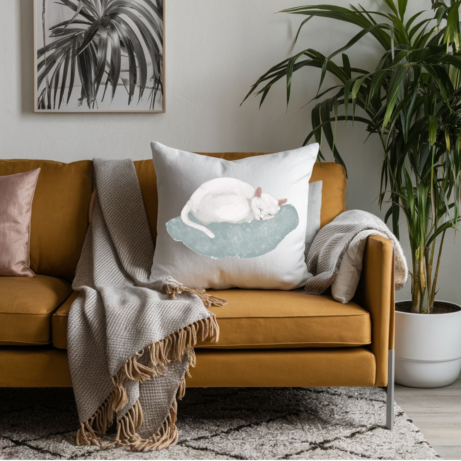 Sleeping White Cat Pillow - MerikaArt