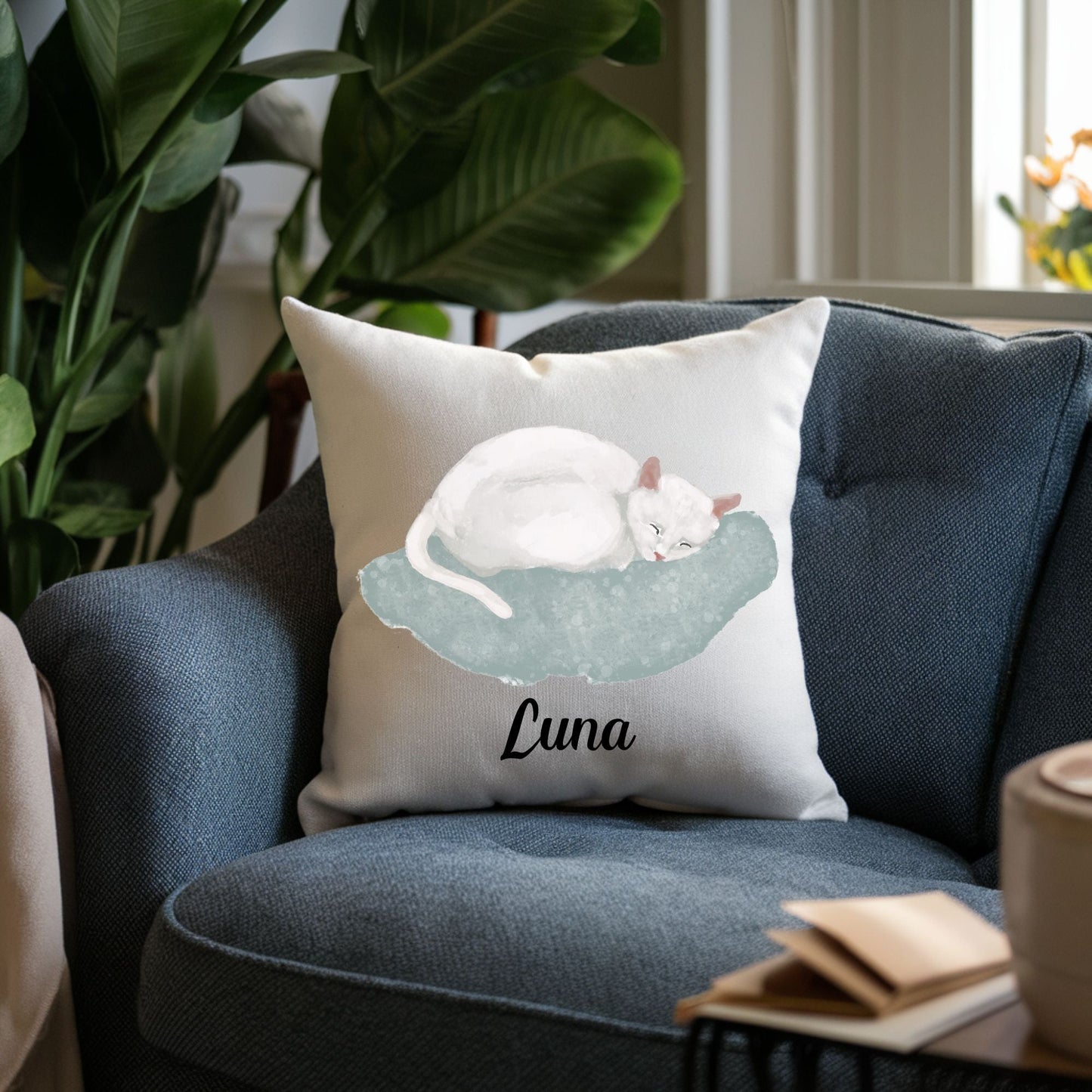 Sleeping White Cat Pillow - MerikaArt