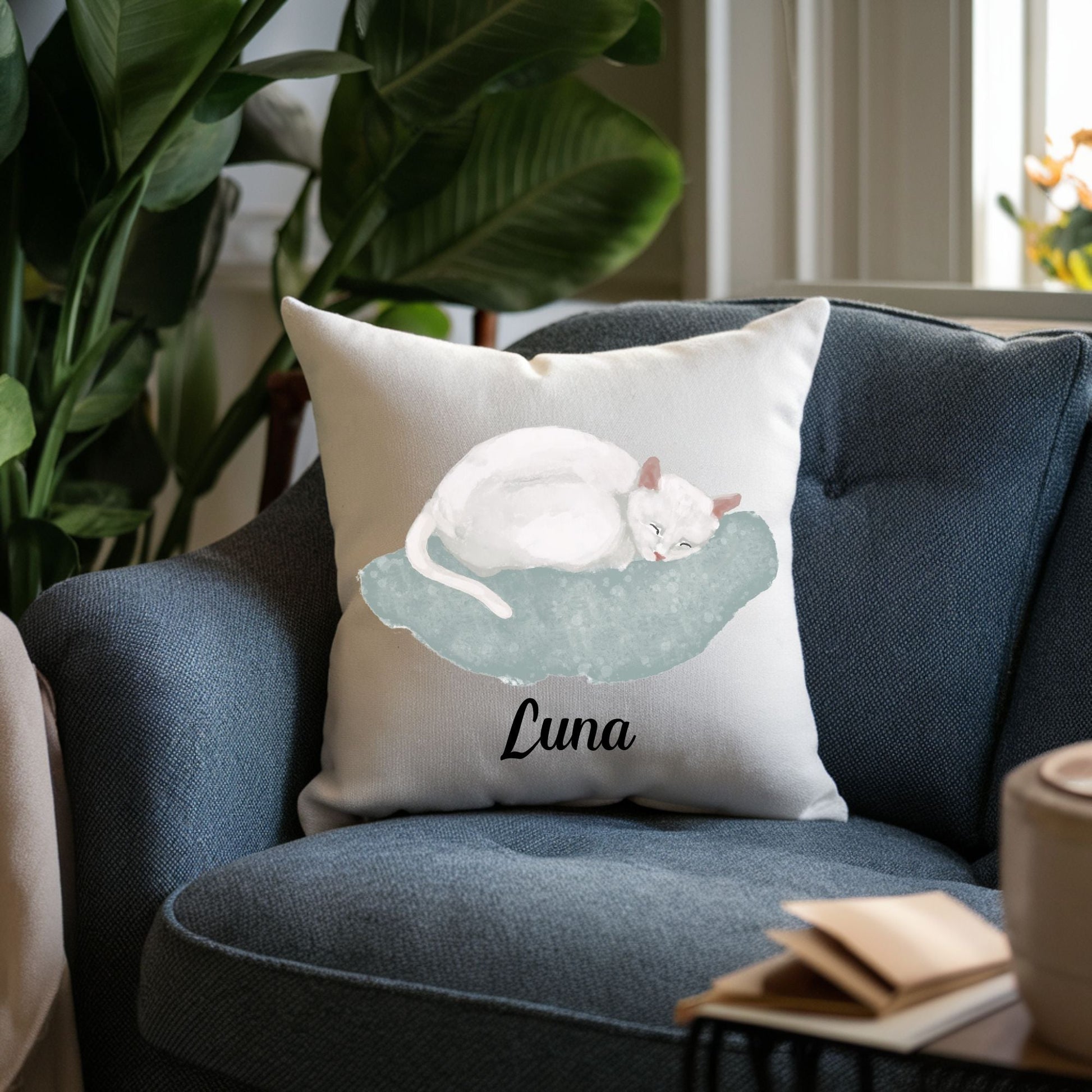 Sleeping White Cat Pillow - MerikaArt